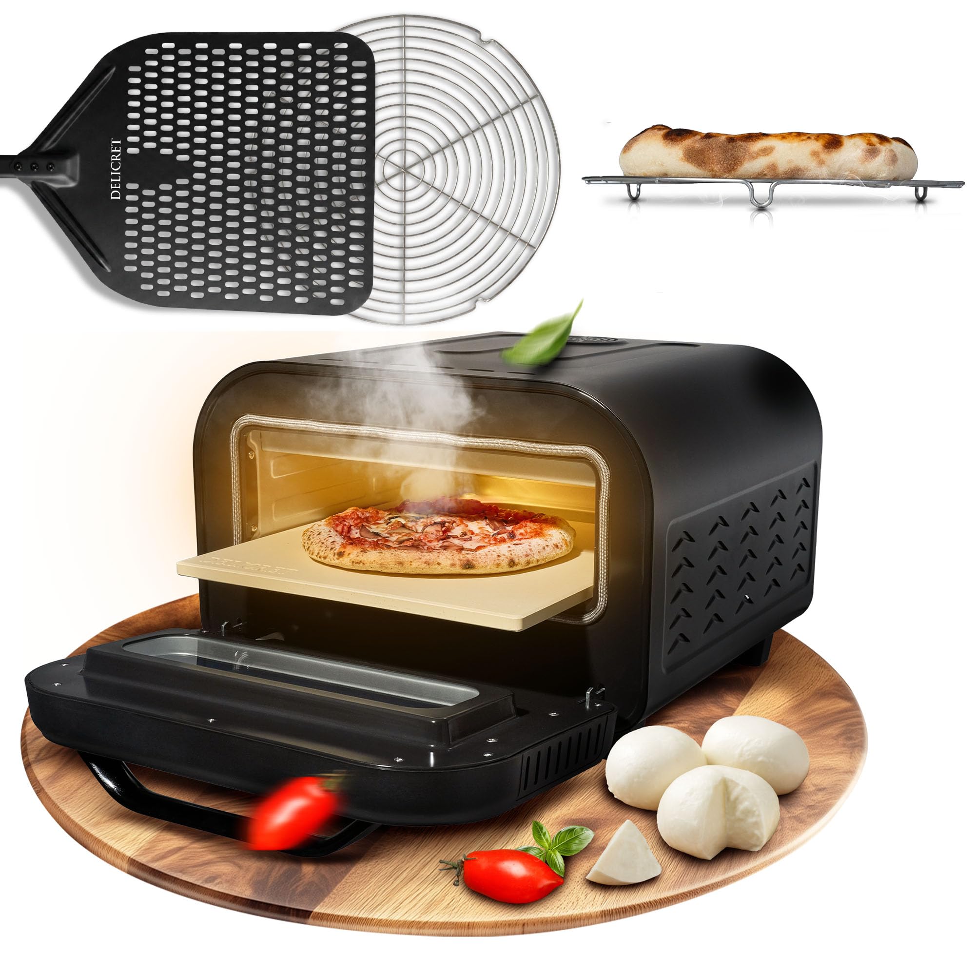 DELICRET elektrischer Pizzaofen 12" - bis zu 450℃ - 1700 Watt - Backraumtemperatur und Steintemperatur getrennt einstellbar