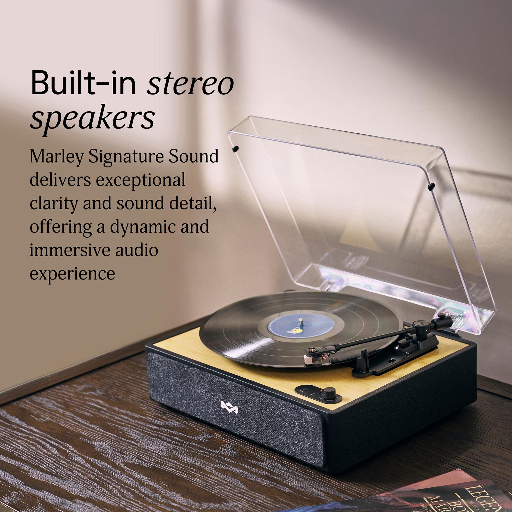 House of Marley Rise Up Giradischi Bluetooth con Casse Integrate - Giradischi Vinili a 3 velocità, Streaming a 2 vie, Finitura in Bambù e Coperchio Antipolvere, Realizzato in Modo Sostenibile
