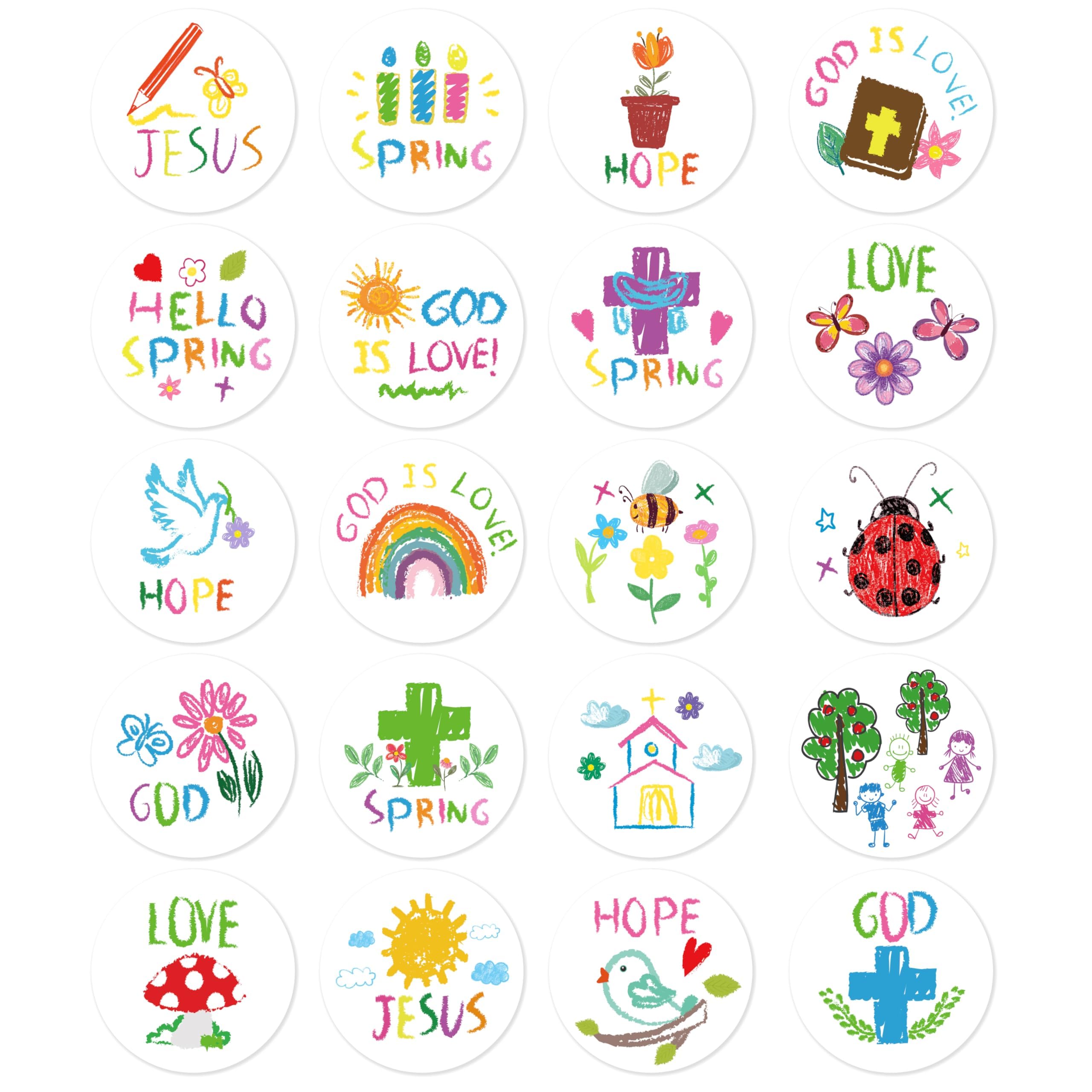 Haooryx Spring Christian Religious Stickers - 600pcs Kids Christian Art Crayon Drawing Hello Spring Waterproof Vinyl Reusable Laptop Stickers Coloring