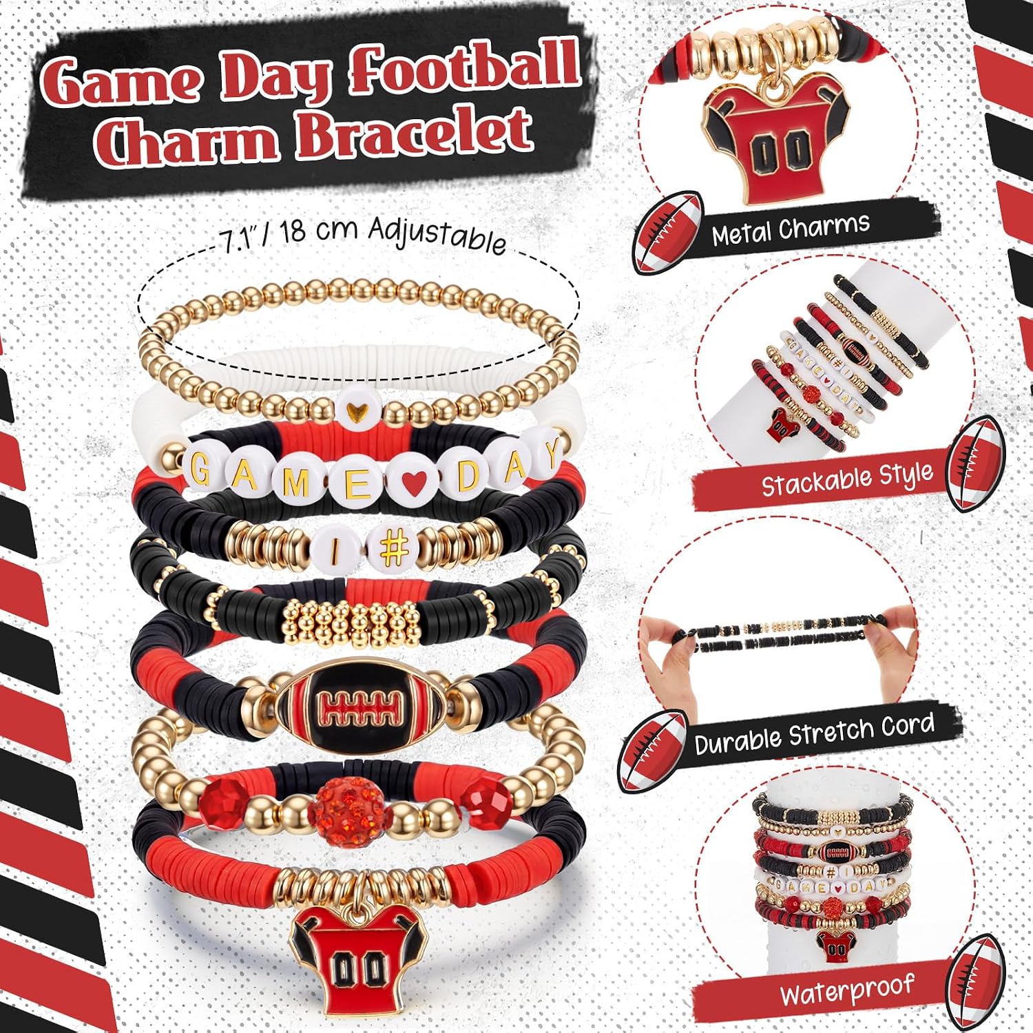 Huquary 2026 Game Day Football Bracelet Earrings Set for Women Stackable Charm Sports Jewelry, Mom Coach Fan Gift, 7 Bracelets and 1 Pair Earrings image 2