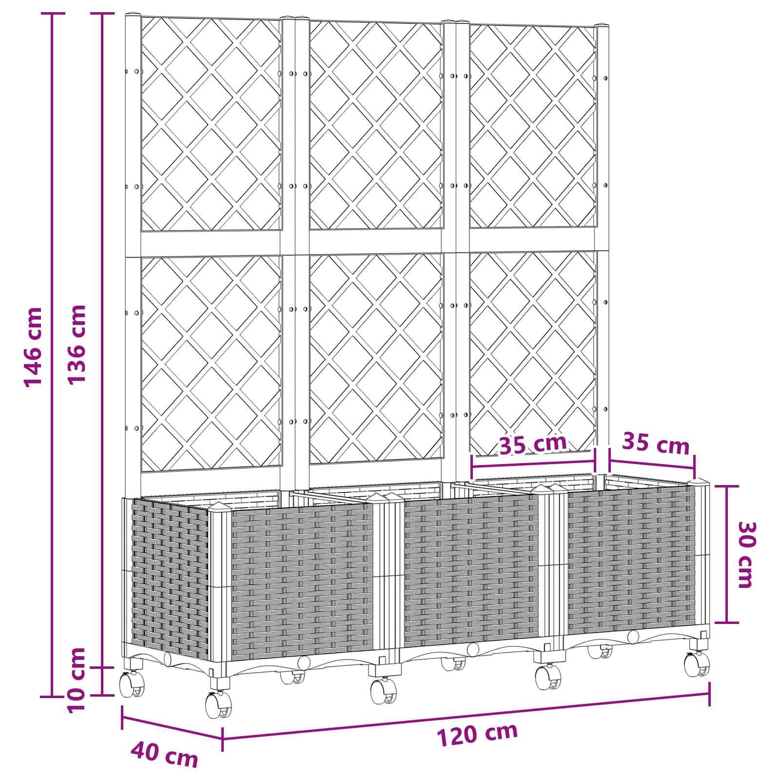 Biały pojemnik na rośliny ze kratką i kółkami 120 x 40 x 146 cm PP Outdoor Garden Flower Pot z drenażem do balcony patio, podwórka i użytku wewnątrz