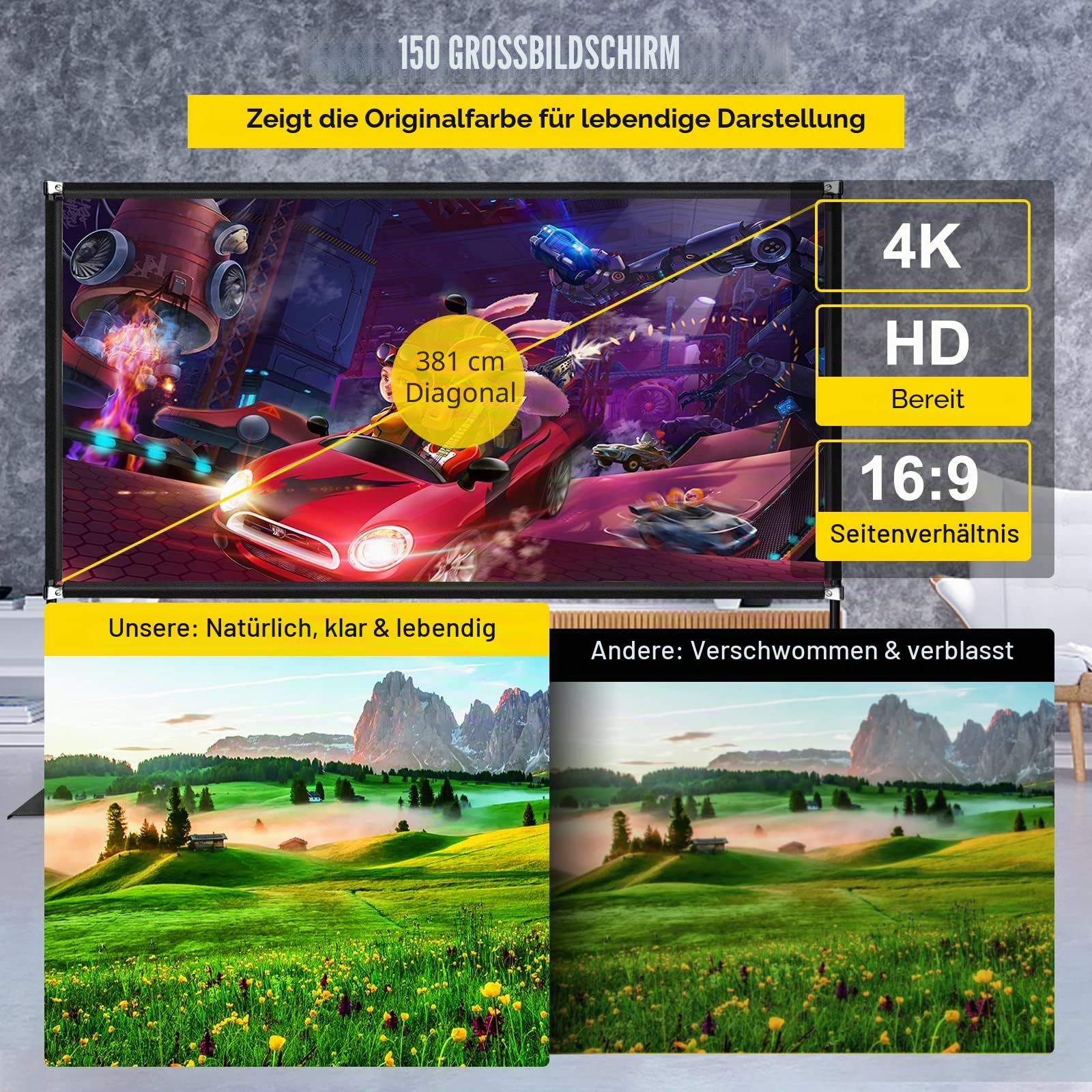 VEVOR Projektion Leinwand mit Stand 381 cm(150") Tragbare Filmleinwand 16:9 Projector Screen 347x201,9cm Mobile Beamer Leinwand 160° Betrachtungswinkel Geeignet für Heimkino Camping, Schwarz