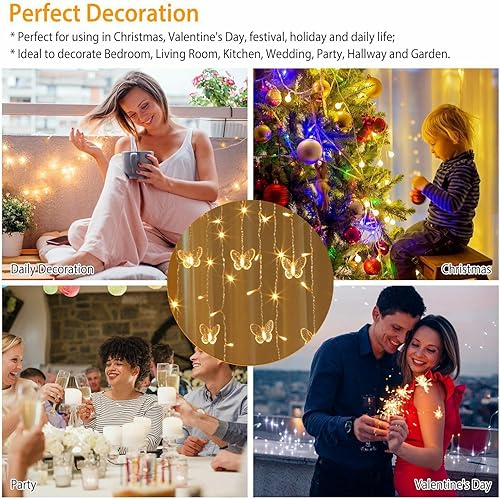 Miniatura 4 de Cortina de luces Lainin de 11.5 pies, 96 smd, 16 cuerdas de mariposas led, 8 modos de luces, para fiestas, interiores, exteriores, jardín, pared,