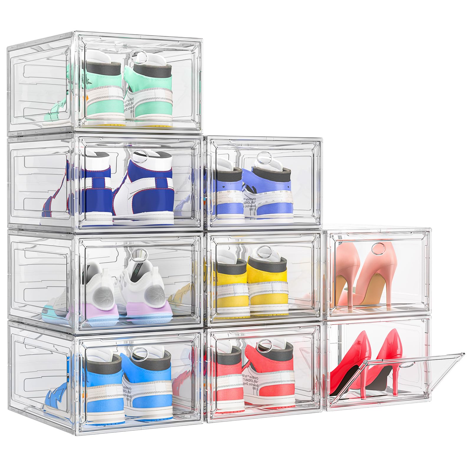 TidyTroveShoe Storage Box, 9 Pcs Shoe Box Clear Plastic Stackable, Sturdy Foldable Shoe Organizer Containers with Magnetic Door for Women/Men, White