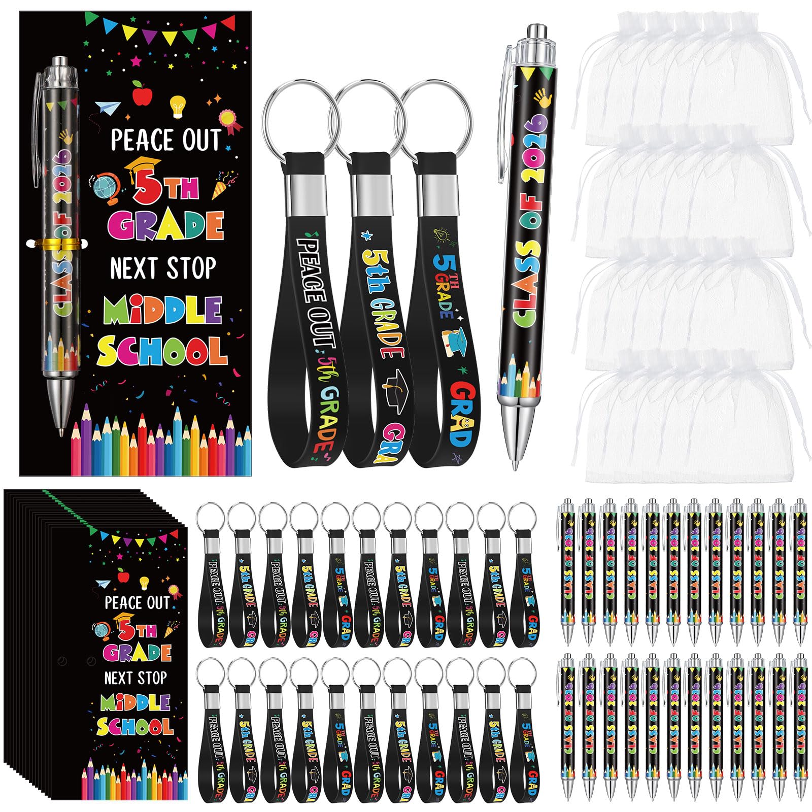 Sayglossy 24 Set 5th Grade Graduation Party Decorations Bulk Class of 2026 Ballpoint Pens Silicone Keychain with Inspirational Greeting Cards Fifth Grade Graduation Party Supplies for Students Gifts