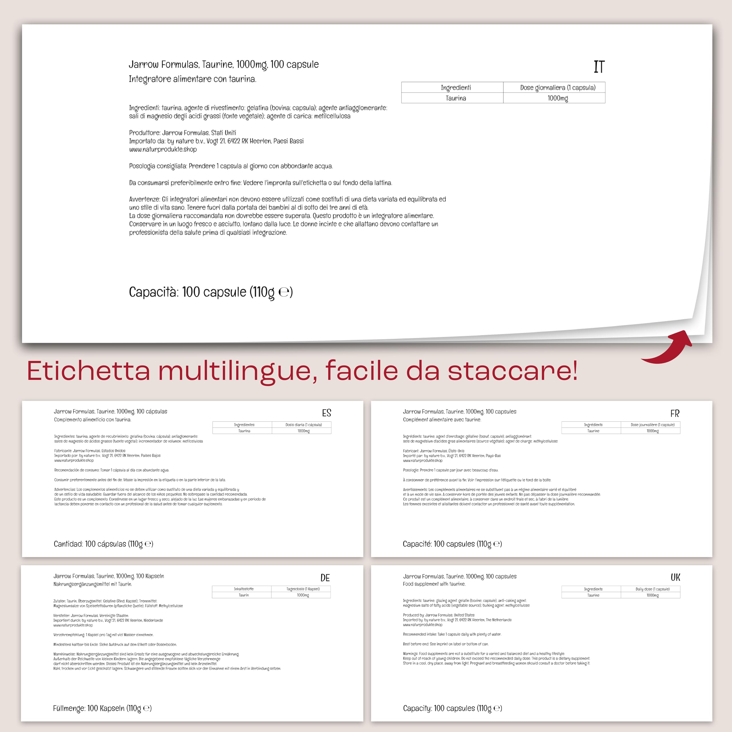 Jarrow Formulas, Taurina, 1000 mg, Alto Dosaggio, 100 Capsule, Testate in Laboratorio, Senza Glutine, Senza Soia, Non OGM