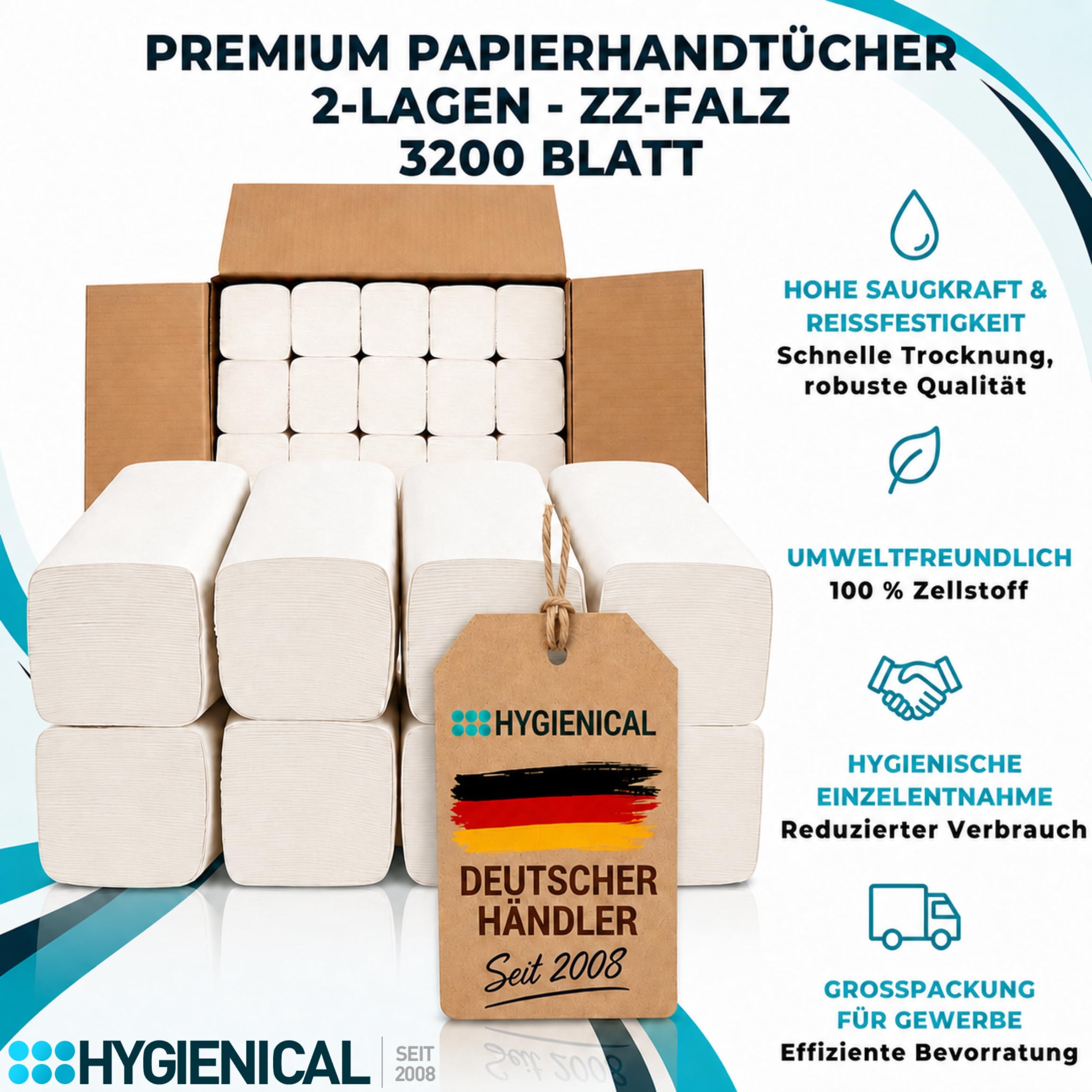 Premium-Papierhandtücher, 2-lagig, Zellstoff, 25 x 21 cm, 3.200 Blatt – Falthandtücher, Top-Handtuchpapier, Hygienischer Betriebsbedarf, Weiß, Für Büro, Gastronomie & Haushalt