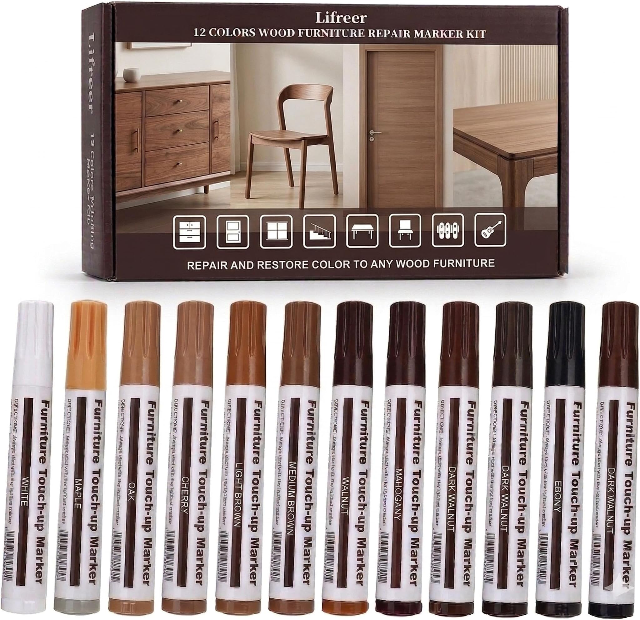 Lifreer 12 Colors Furniture Touch Up Markers, Wood Scratch Repair Markers for Scratches, Scuffs, Nicks on Furniture, Cabinets, Wood Floors, Tables, Doors, Trim & Bedposts
