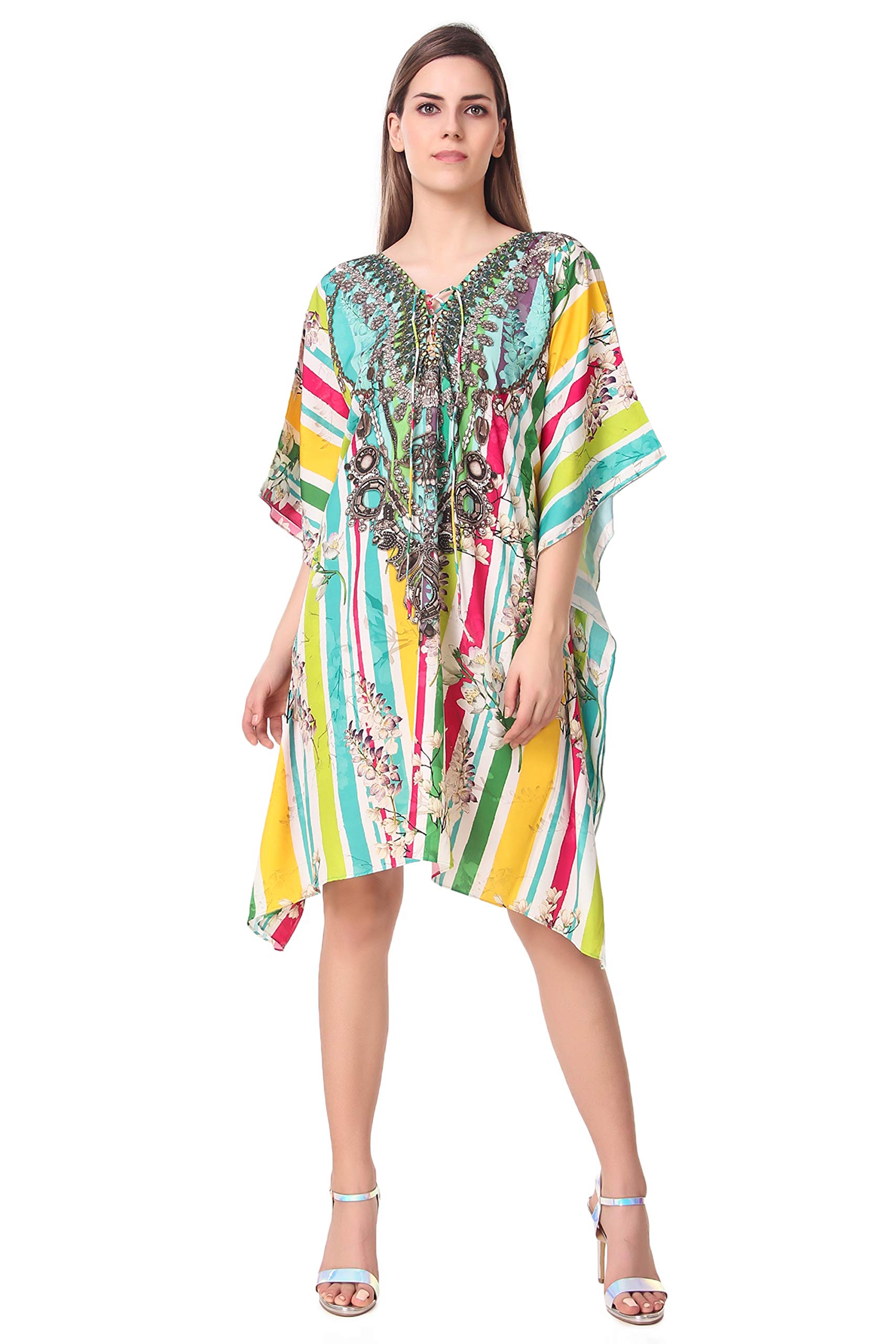 Short Colorful Strips Digital Printed | Georgette Kaftan | Vacation Wear | Beach Wear | Coverups | Kaftan Dress | For Women | Free Size [M-3XL]-image-43