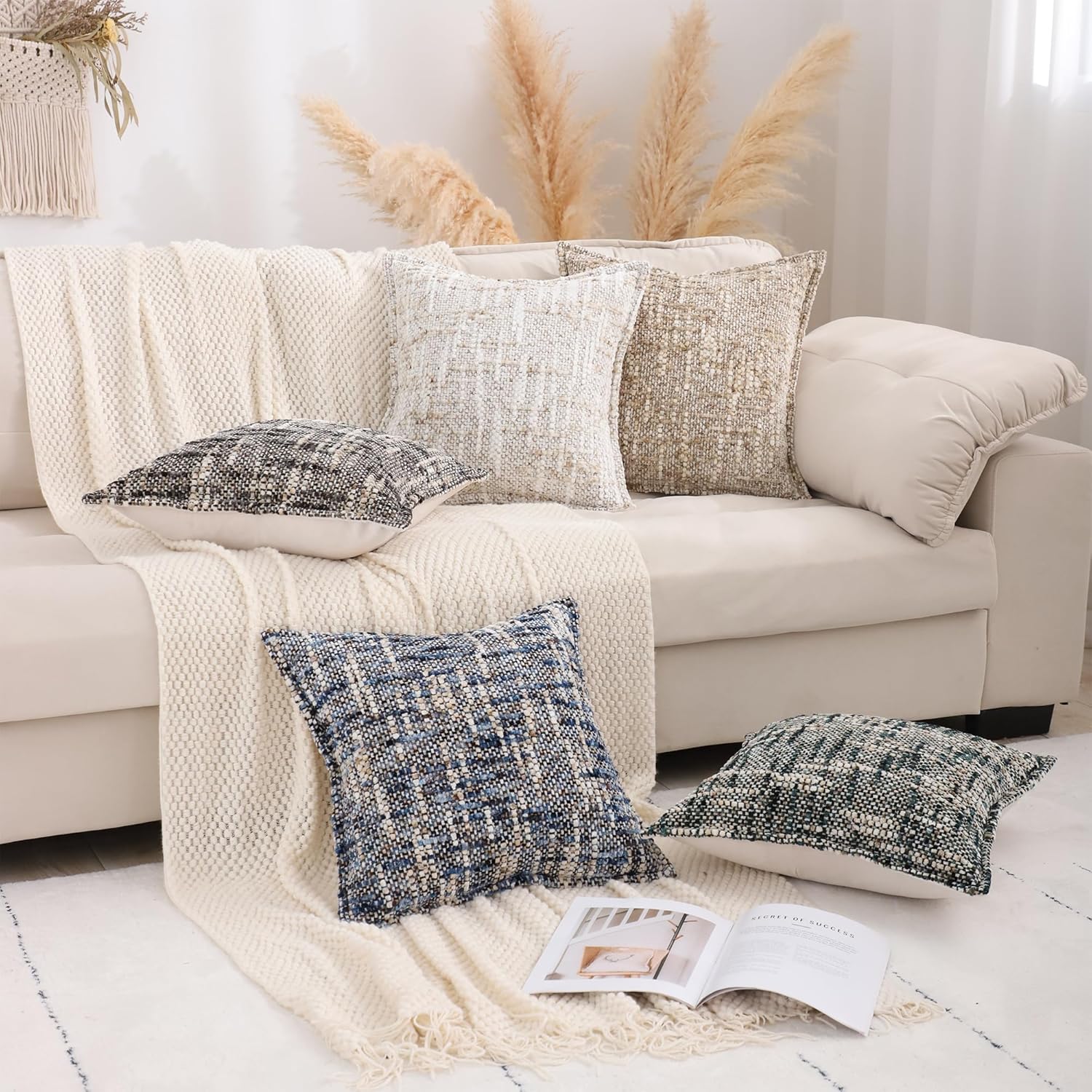 LUOYEHK Boho Throw Pillow Covers 18x18 Set of 2 Farmhouse Pillow Covers Broadside Decorative Textured Throw Pillows for Couch Sofa Bed Living Room,Black