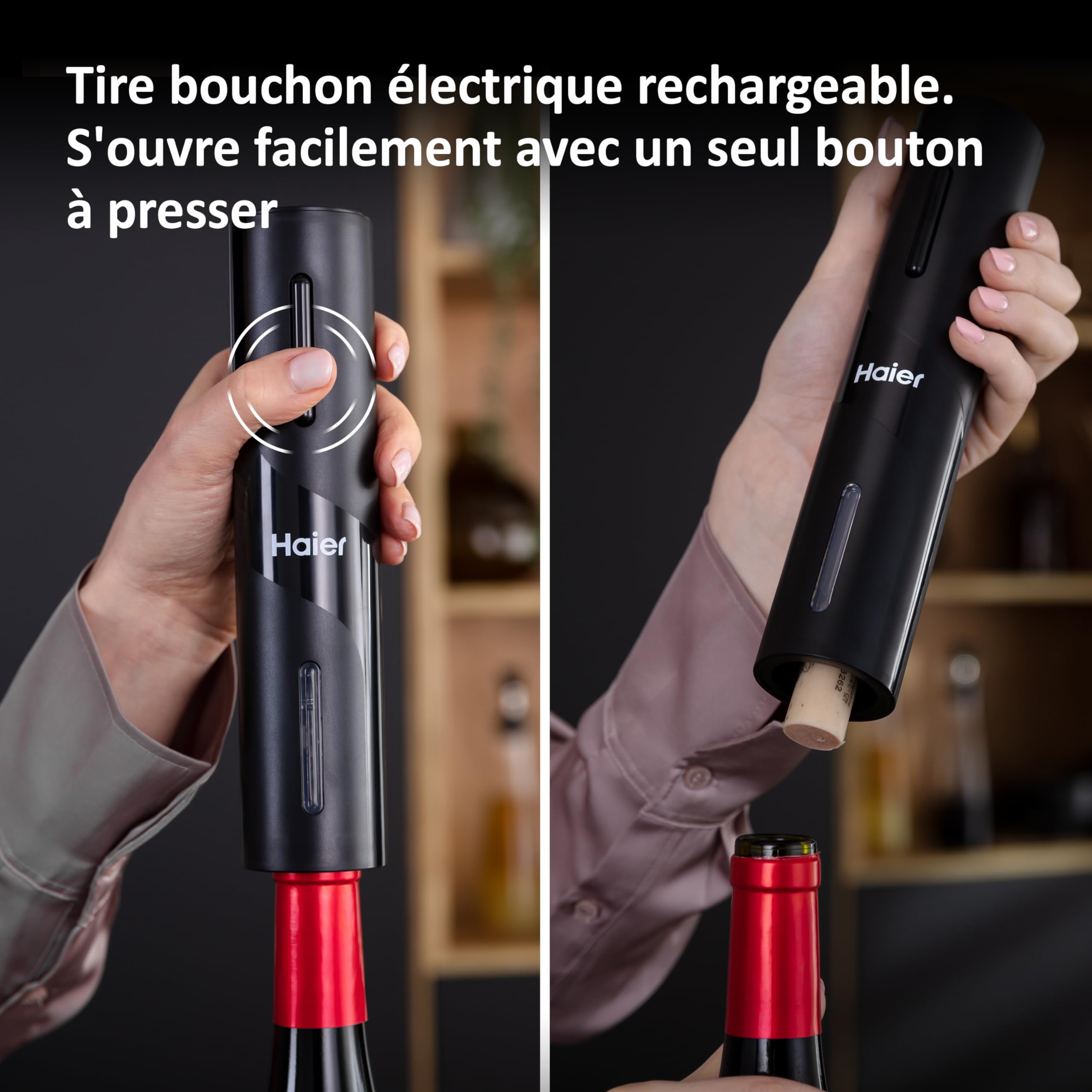 Haier Set de Sommelier - Comprenant un Ouvre-Bouteille Electrique Rechargeable - un Aérateur de vin et un bec Verseur Anti-Gouttes - un Coupe-Capsule - une Pompe à Vide - 2 Bouchons avec la date