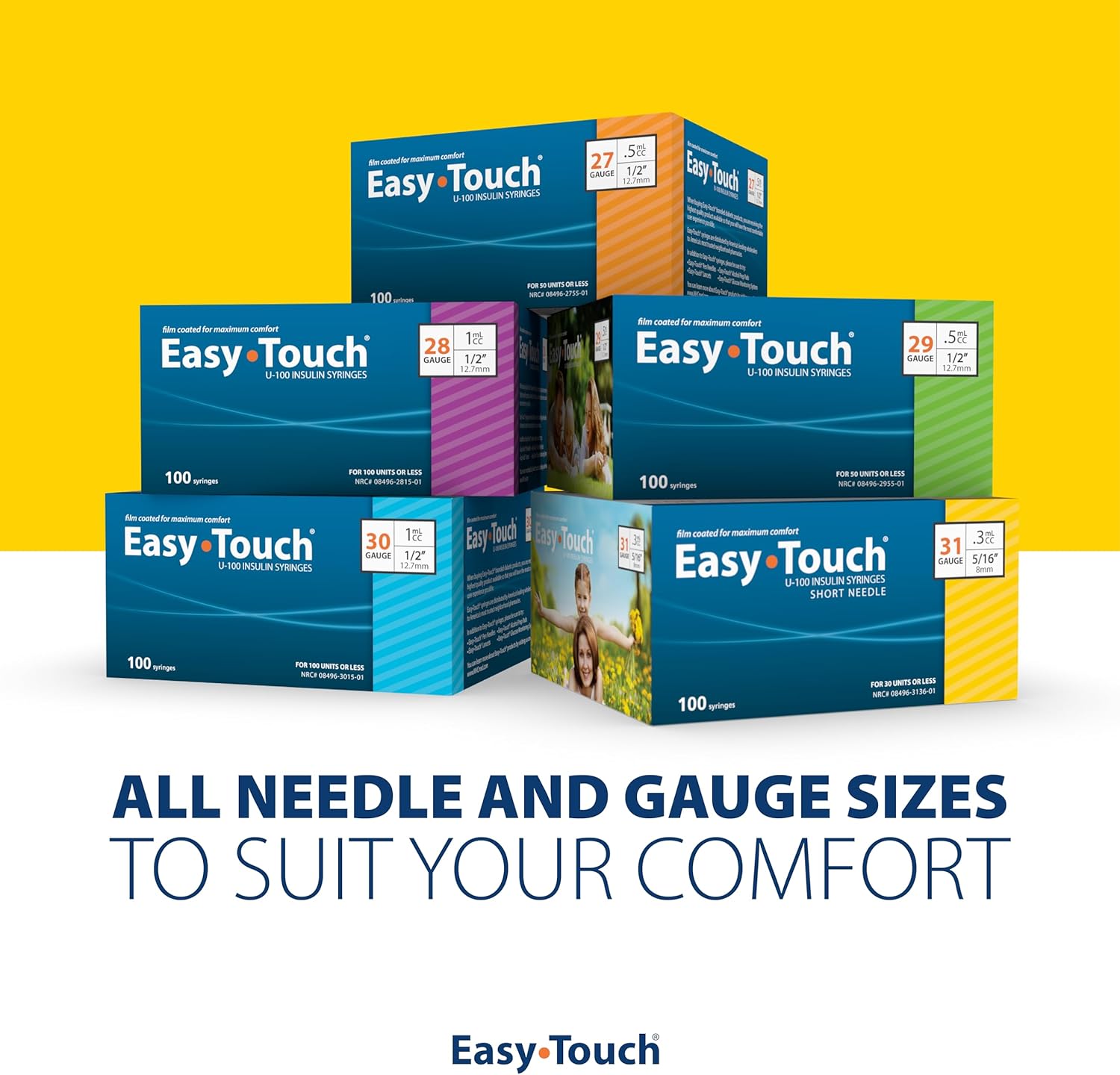 Easy Touch Bulk Case Pack 31 Gauge U-100 Insulin Syringes (31G 1cc 5/16”) with 5/16” Short Needle, 1cc (100 Unit Capacity), Bold Markings for Accurate Dosing, Disposable, 5 Boxes of 100 (500 Total)