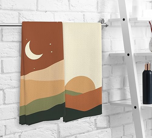Miniatura 3 de Juego de 2 toallas de cocina y paños de cocina abstractos bohemios con sol, luna, montaña, amanecer y noche estrellada, paisaje, toallas de cocina y