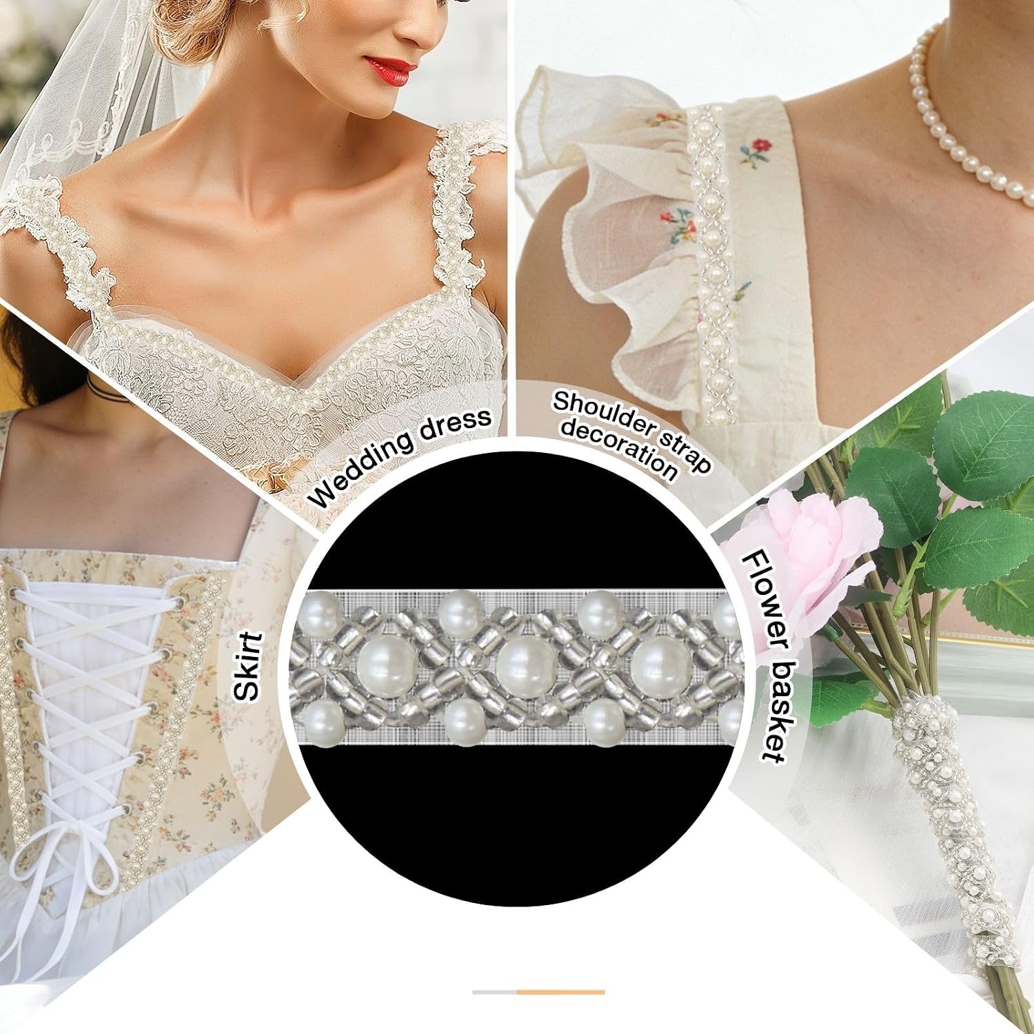 Bijou Joon 5 Yards White Pearl Trim Beaded Trim Beaded Lace Ribbon Edge Border Fabric Bridal DIY for Craft Wedding Dress Embellishments Women Vake Decoration