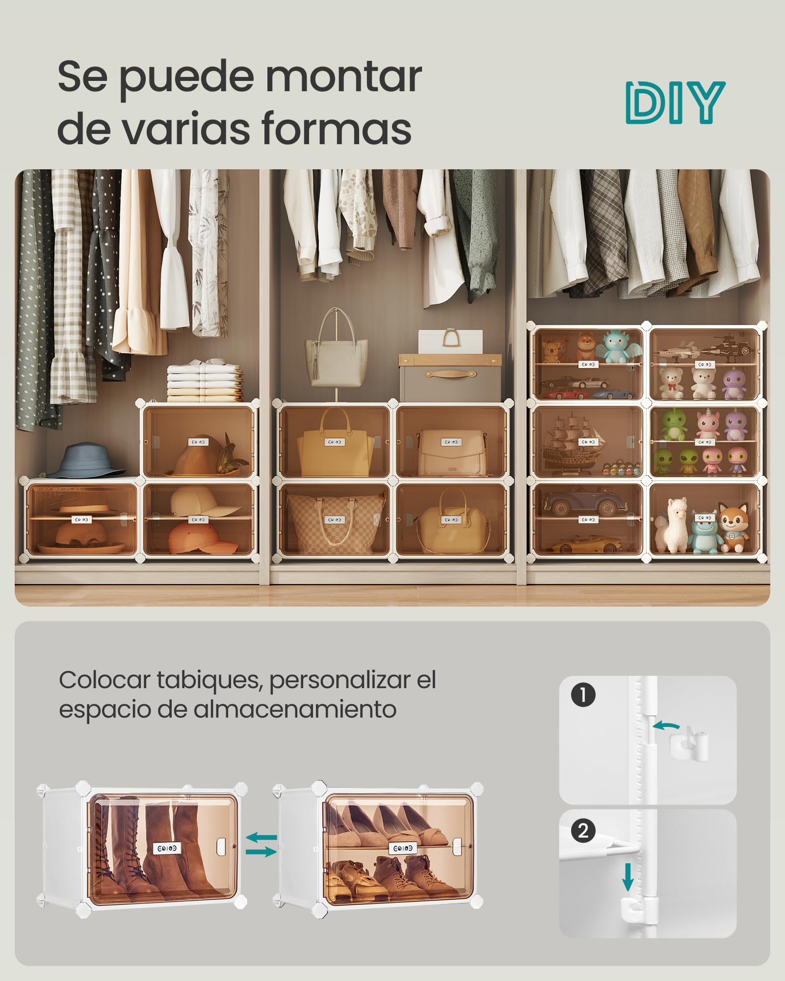 SONGMICS Zapatero de 8 Compartimentos, Zapatero Modular para Recibidor, 30 x 45 x 30 cm por Cubo, Puertas Transparentes, Metal, 32 Pares, Dormitorio, Blanco Nube y Marrón Transparente LPC054WH01