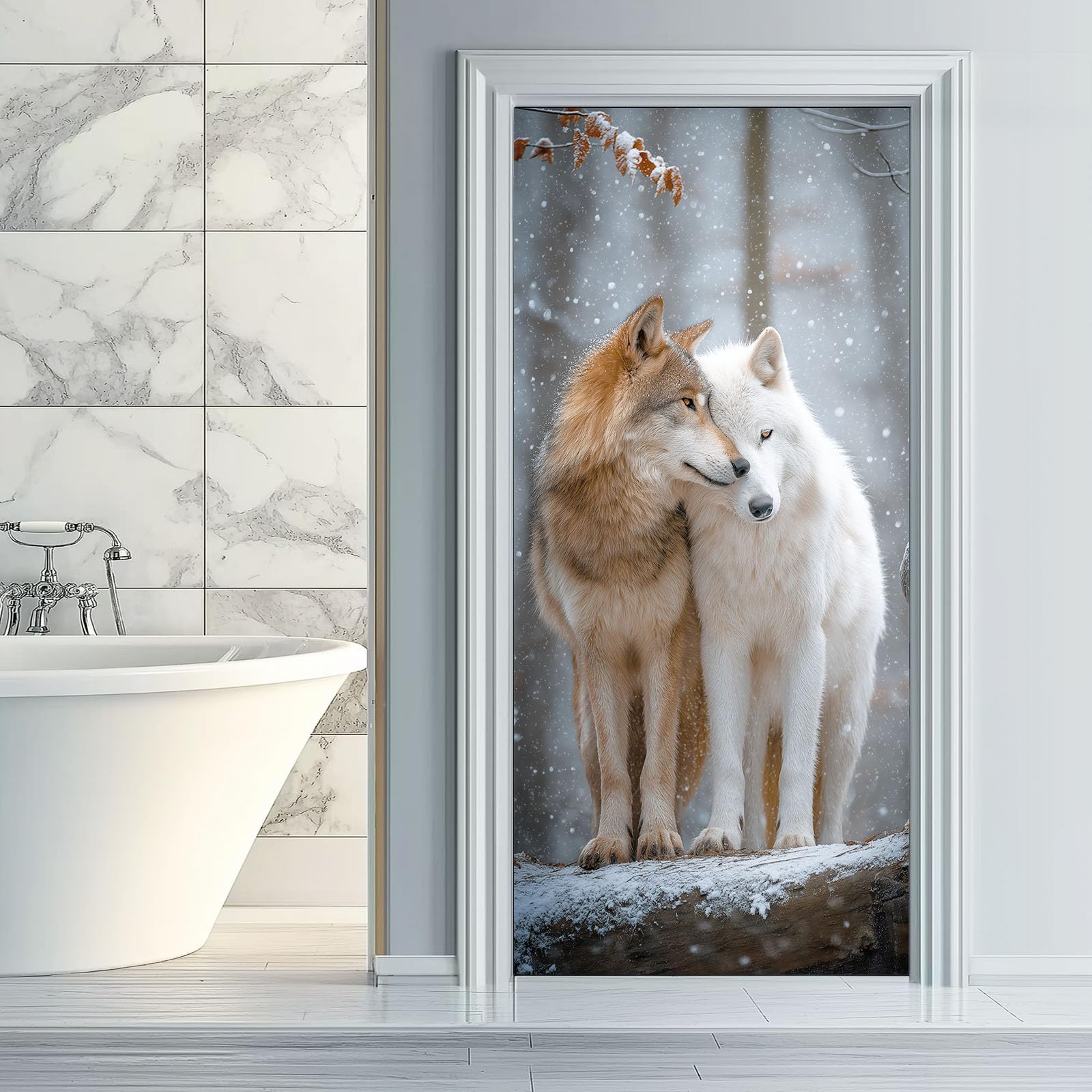 Naklejka 3D na drzwi, wilk, samoprzylepna, plakat na drzwi, natura, las, krajobraz, trwały i wodoszczelny, plakat na drzwi, fototapeta, szara, zdejmowana winylowa naklejka na drzwi, 80 x 210 cm