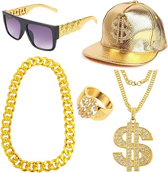 MOZAKA 80s 90s Hip Hop Costumes Outfit for Men | Golden Chain Money Chain Dollar Sign Baseball Cap Punk Sunglasses Rapper Accessories.