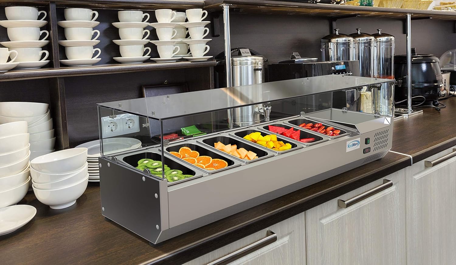 KoolMore SDC-6P-SG Condiment Prep Rail Station with Sneeze Guard, 59 Inch, Silver