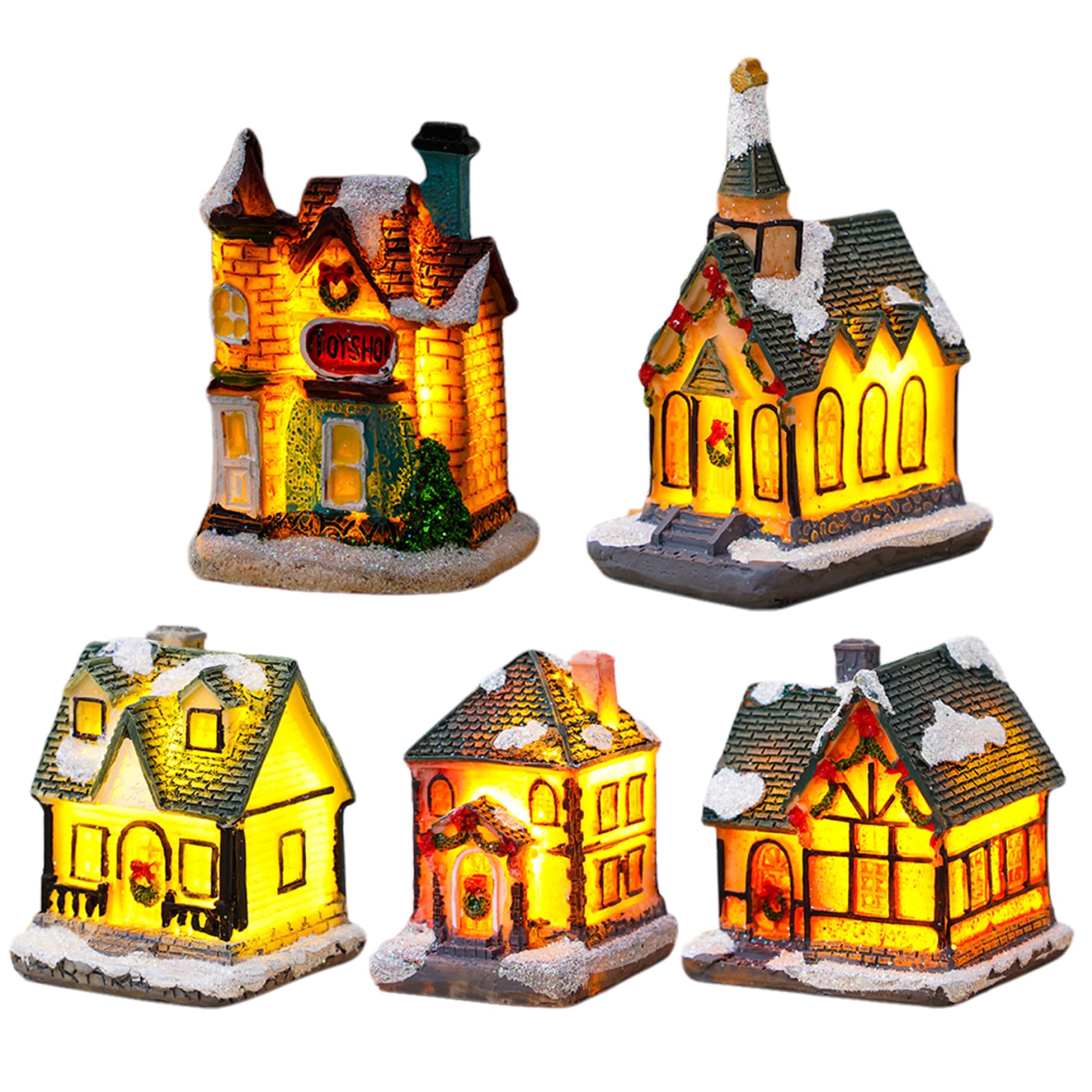 Jorzer 5PCS Christmas Village House with LED Lighted Adorable Christmas Village Battery Operated Sets for Xmas Indoor Party Decor Sets