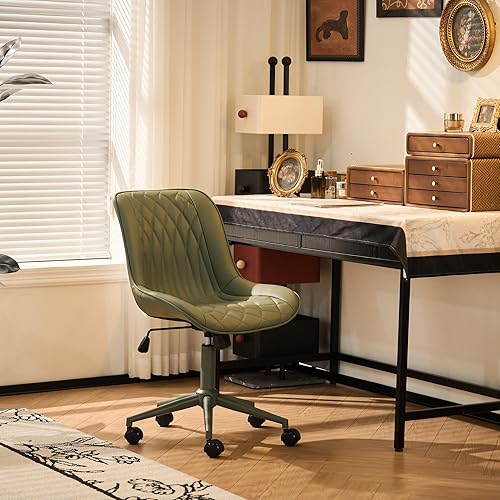 Miniatura 9 de YOUNIKE Silla de escritorio de oficina en casa con ruedas, silla de tocador sin brazos con respaldo, cómoda y moderna silla tapizada de cuero,