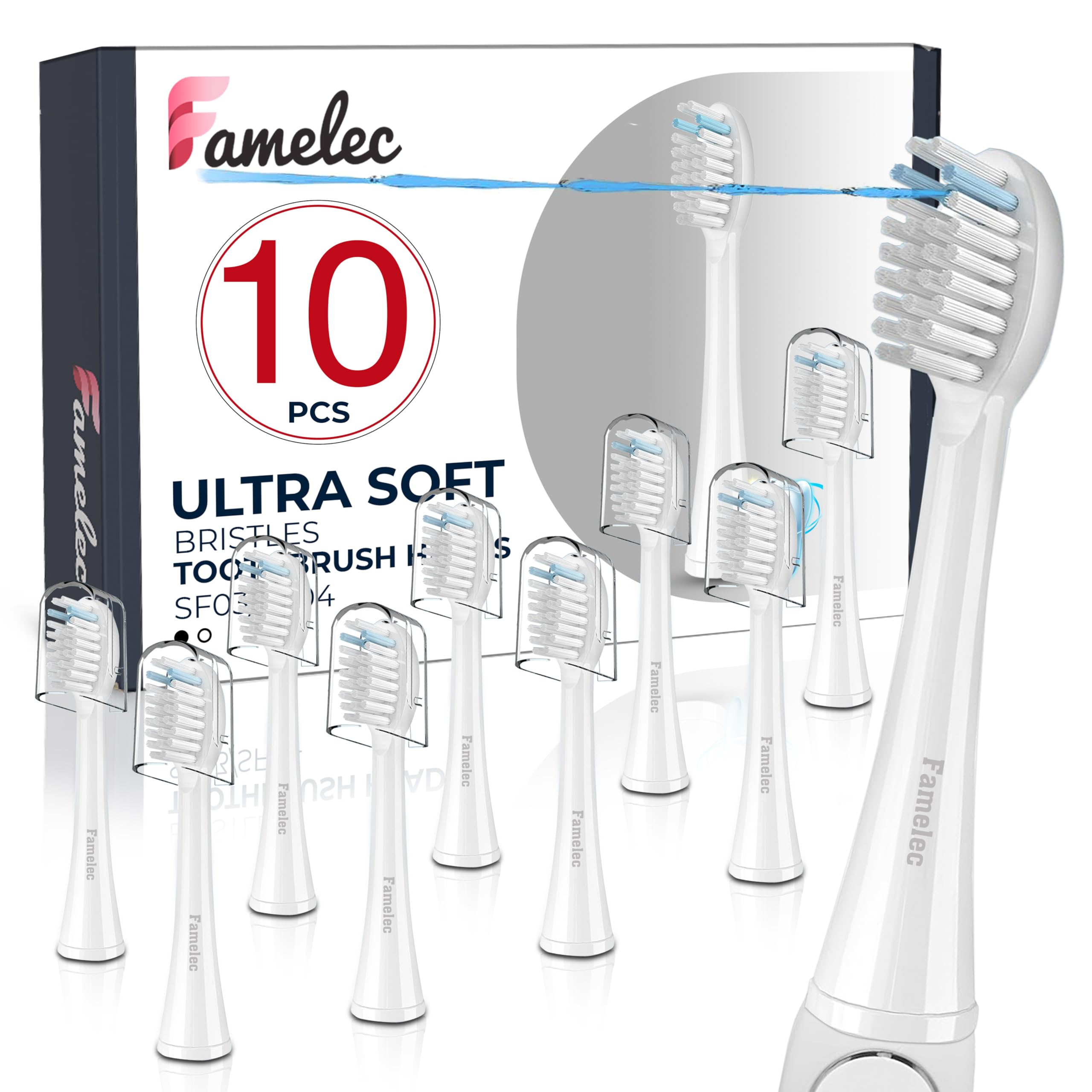 Bürstenköpfe für Waterpik Ersatzköpfe SF-03 SF-04, Ersatzköpfe für Water Pik Sonic Fusion 2.0 SF-01 SF-02 elektrische Zahnbürste mit Abdeckungen, weiche Borsten, 10 Stück, weiß
