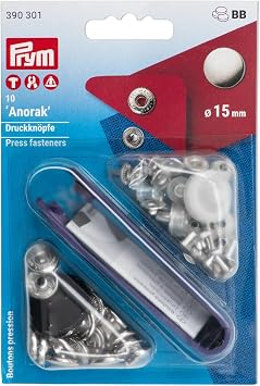 Prym No-Sew Snap Press Fasteners with Tool for Anoraks and Parkas, 1.5cm 15mm, Silver, 10 pcs