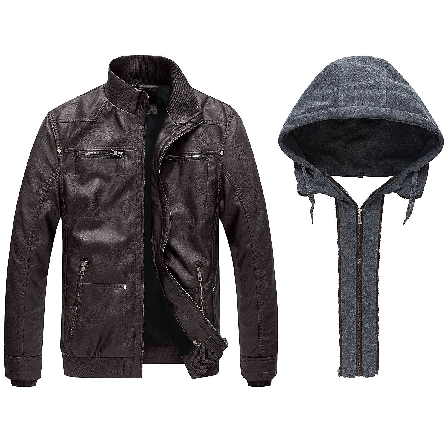 Wantdo Giacca in Pelle da Uomo Giubbotto con Cappuccio Rimovibile da Lavoro Mezza Stagione Primavera Antivento Antipioggia Giacca da Moto Casual