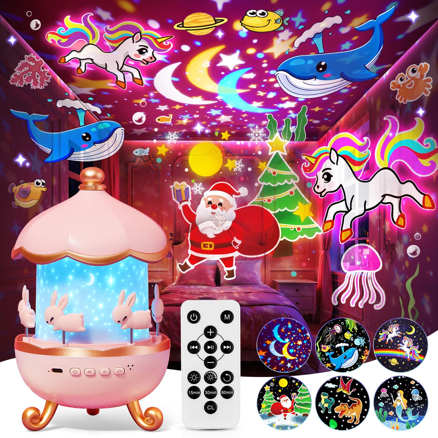 One Fire Night Light for Kids, Toys with 15 Films & 15 White Noises, Rechargeable 1200mAh Toddler Night Light with 360° Rotation, Remote Control Unicorn Gifts for Girls, Toys for 3-12 Year Old Girls