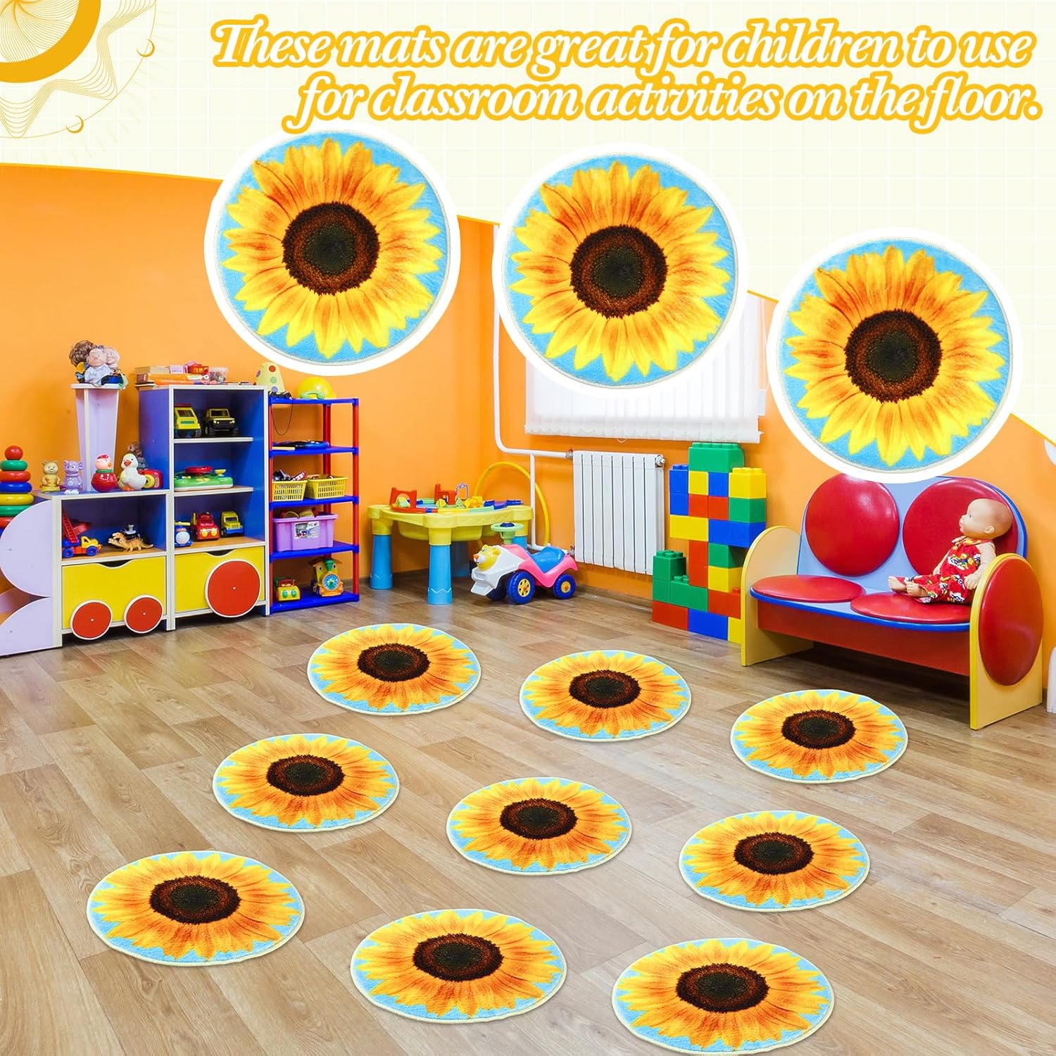 Tinideya 8 Pcs Classroom Carpet Kids Rug 15 x 15 Inch Back to School Supplies Round Non Slip Mat for Nursery Kindergarten Playroom Bedroom(Sunflower)