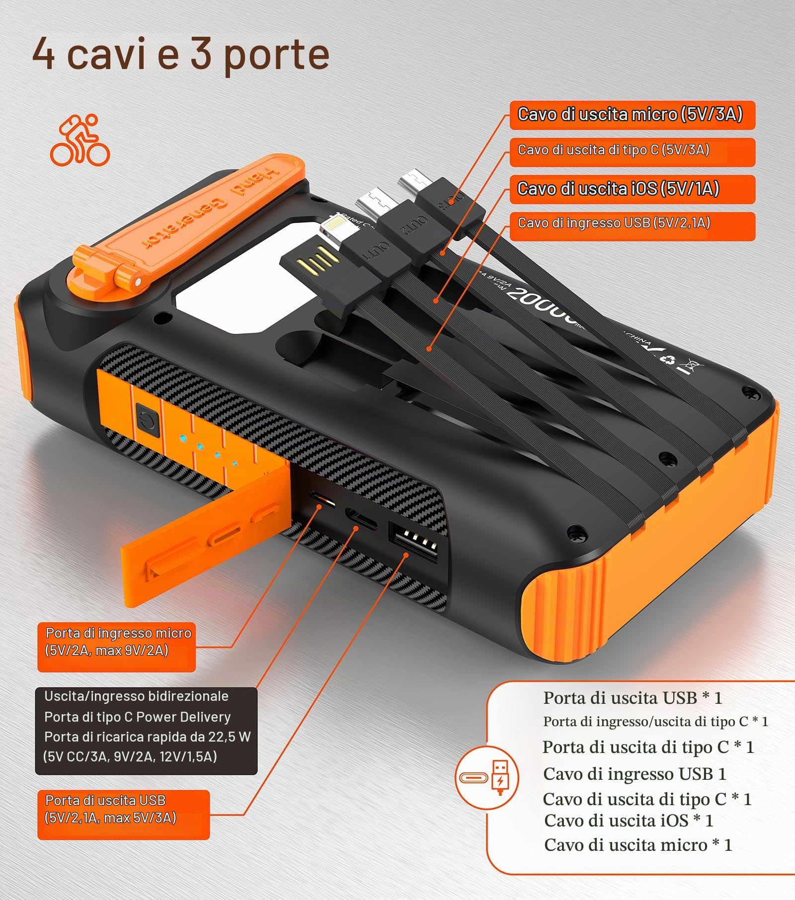 Solar Power Bank 20000 mAh con manovella integrata e 4 cavi 22,5 W ricarica rapida Power Bank 5 uscite e 5 ingressi caricatore portatile solare, SOS/stroboscopio/torce forti, moschettone