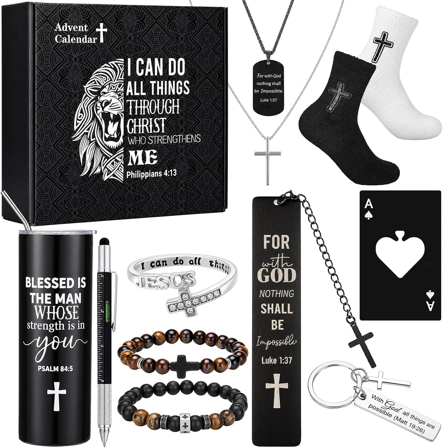 Patelai Christmas 12 Days Christian Gifts for Men Advent Calendar Set | Faith Accessories for Husband Dad Teen, Cross Necklace Tumbler Bracelet Bookmark Sock Keychain, Xmas Religious Countdown Gift