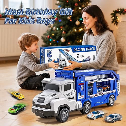 Miniatura 8 de Camión de transporte de juguetes para niños de 3, 4, 5, 6, 7 años de edad, juego de carreras, camiones transportadores con 12 coches fundidos a