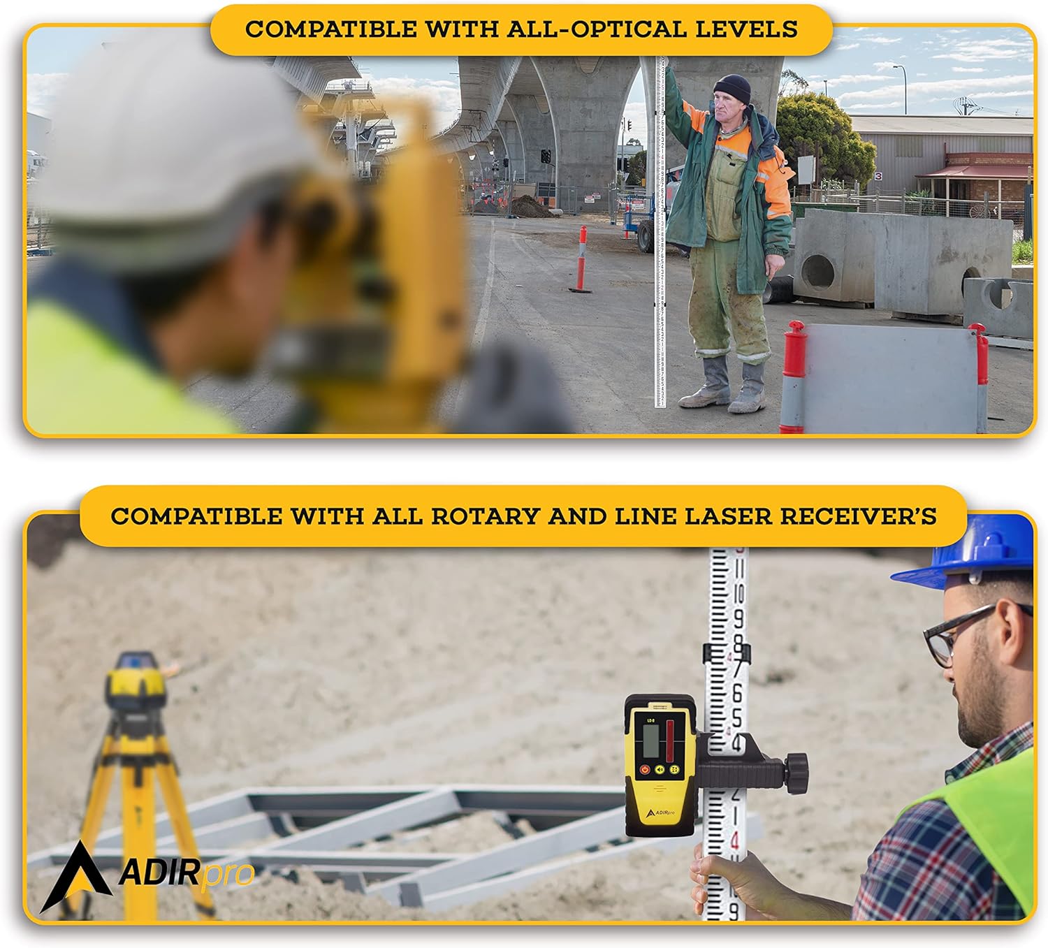 AdirPro Aluminum Grade Rod - Extra Compact Telescoping Measuring Stick with Optical Levels, Locking Button, and 4 Telescopic Sections Comes with Carrying Case (6 FT- 8ths)