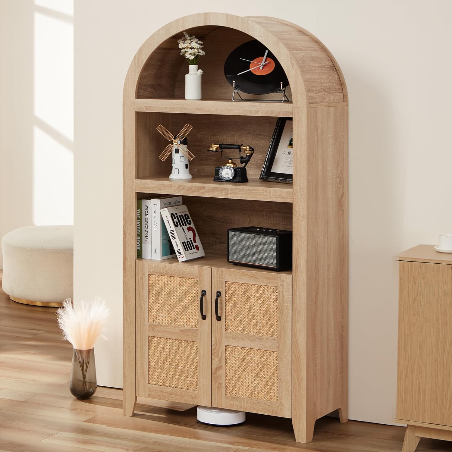 Fragess 72" Arched Storage Cabinet with Beech-Rattan Door, Modern Farmhouse Wooden Bookcase with Adjustable Shelves – Versatile Kitchen Pantry, Living Room Display, and Bedroom Storage (Natural)