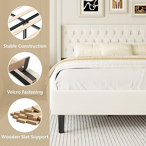 Miniatura 4 de Base de cama de tamaño matrimonial, plataforma tapizada con cabecera con respaldo de ala, botón de terciopelo, fácil montaje, no necesita somier,