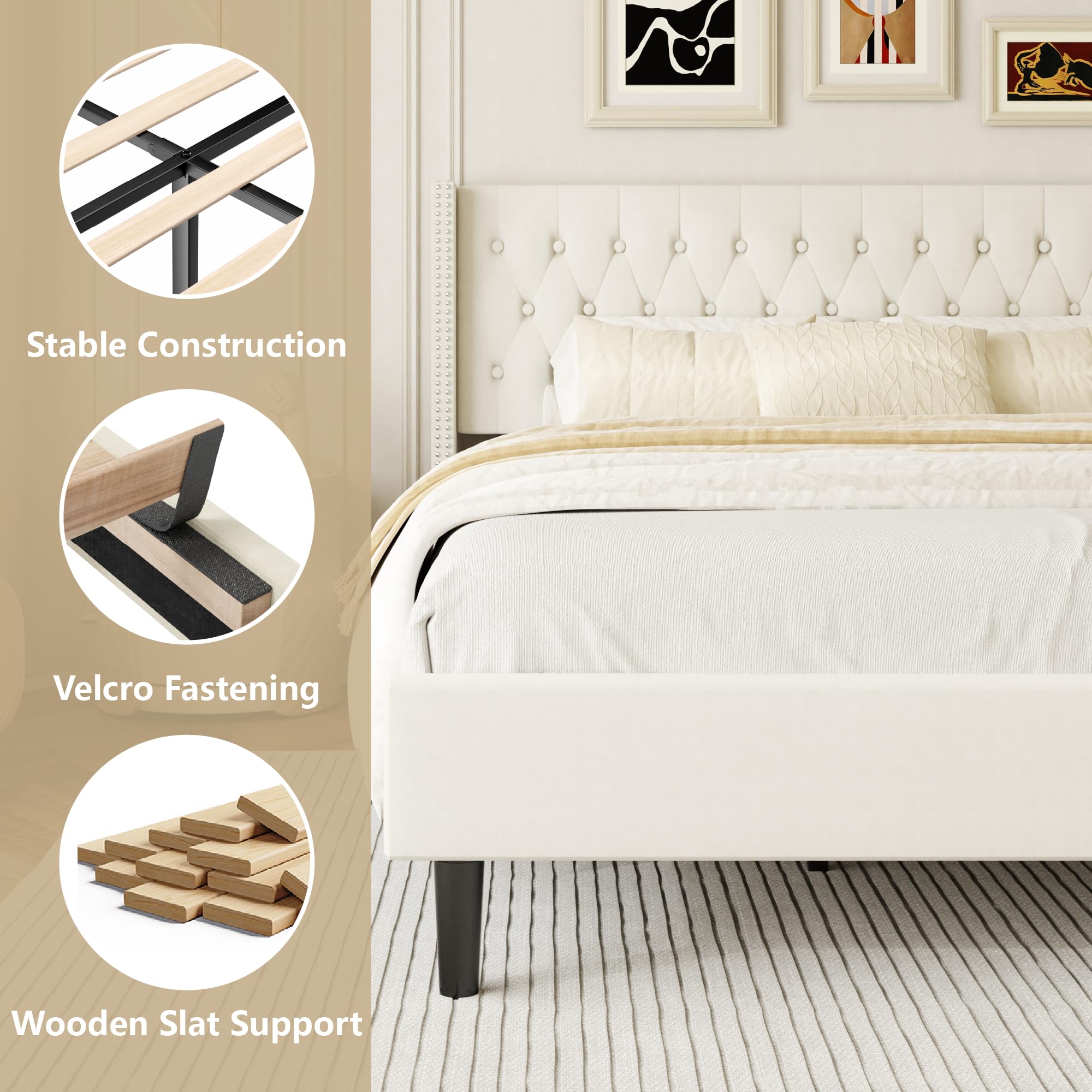 Base de cama de plataforma tamaño King con cabecera capitoné con botones, respaldo moderno con aleta con ribete de doble hilera, no necesita somier, fácil montaje, terciopelo beige 4