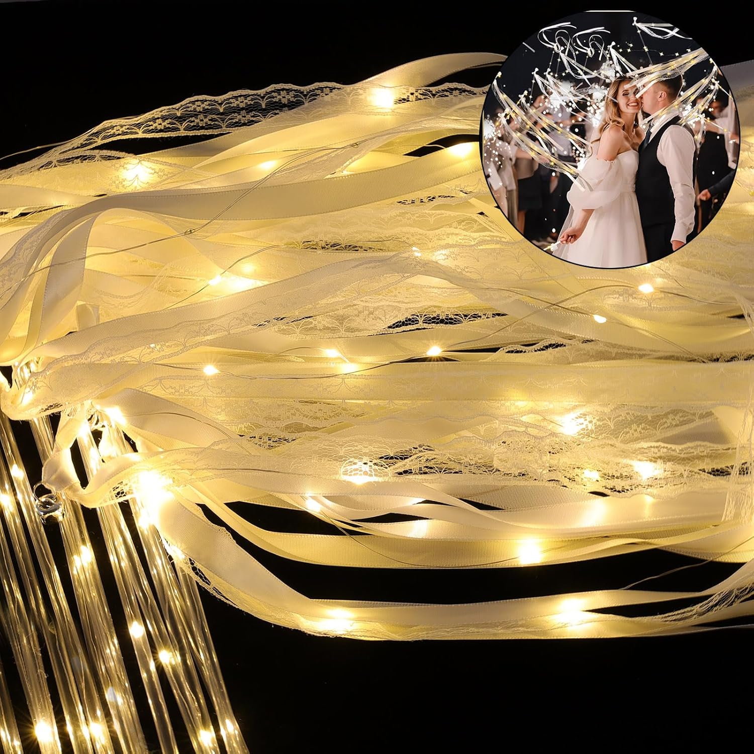 100 Pcs Wedding Wands Ribbon with 3 Colorful Flashing Modes, Light up LED Silk Fairy Wands, Glow Lace Stick with Bells for Wedding Reception, Graduation, New Year, Birthday Party (Warm White) 100 Pcs Lvory & Warm White Led