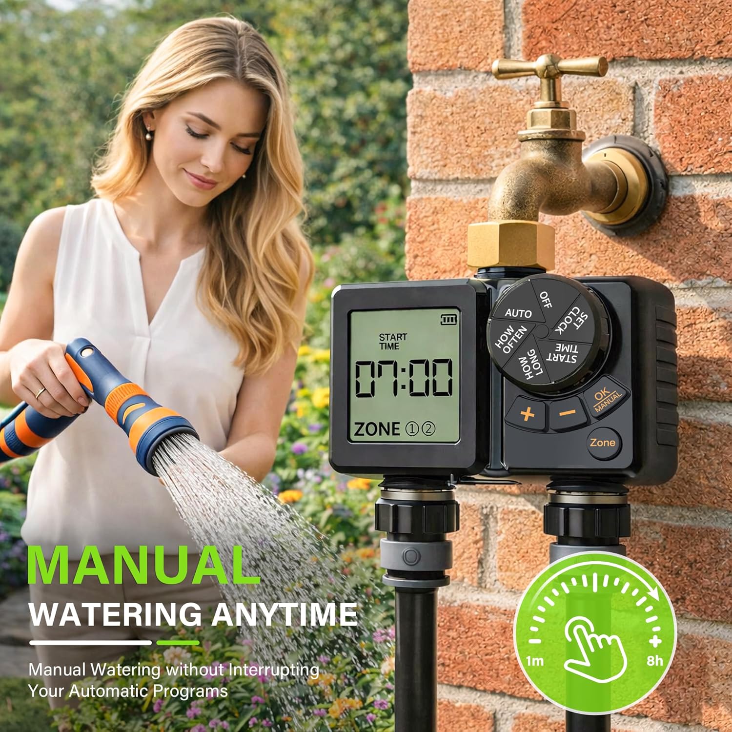 MIXC Rechargeable 2-Zone Water Timer, Full-Body IPX6 Sprinkler Timer - Over One Year Runtime - Save Water & Money, Drip Irrigation Controller with Rain Delay/Manual/Auto Modes for Garden, Lawn, Yard