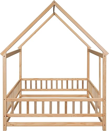 Miniatura 92 de Bellemave Cama Montessori de madera con valla y techo para niños, marco de cama individual para niños, niñas (individual, blanco)