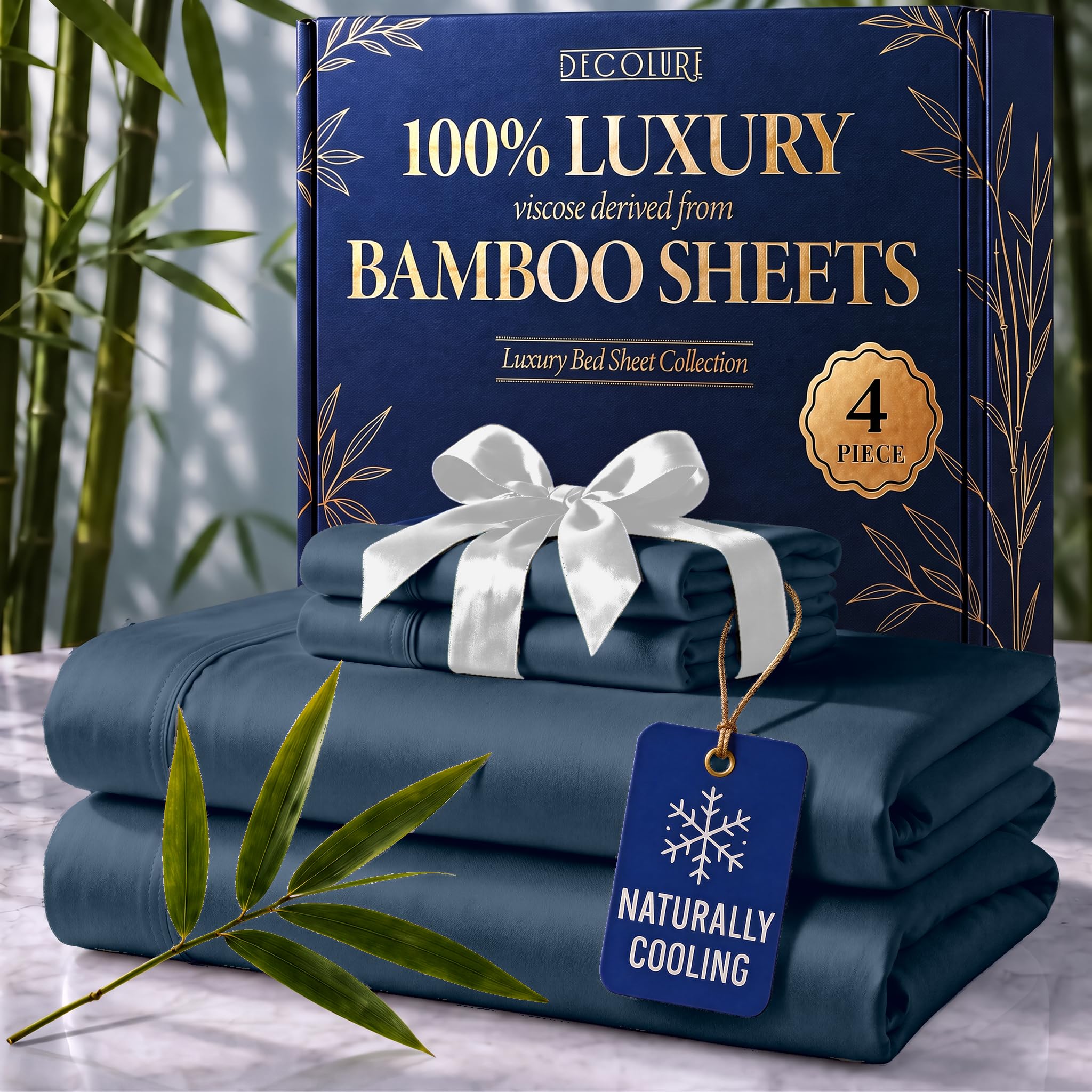 DECOLURE 100% Viscose Derived from Bamboo Sheets California King Size - Luxury 4 Pc Naturally Cooling Sheets, Ultra Soft Bed Set - Deep 17" Pockets, Double Stitching, Oeko Tex Standard (Navy Blue)