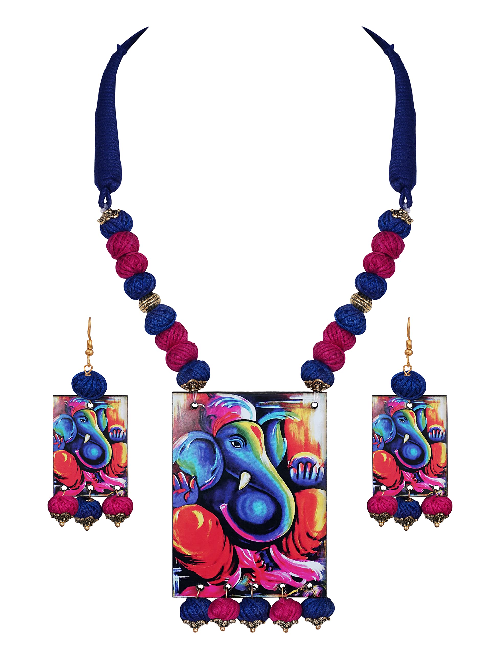 JFL Jewellery for Less Ethnic Ganesha Handcrafted Necklace Set with Cotton Thread Bead with Adjustable Thread. (Navy Blue & Pink),Valentine (B09V2KT8DR) Amazon Price History, Amazon Price Tracker