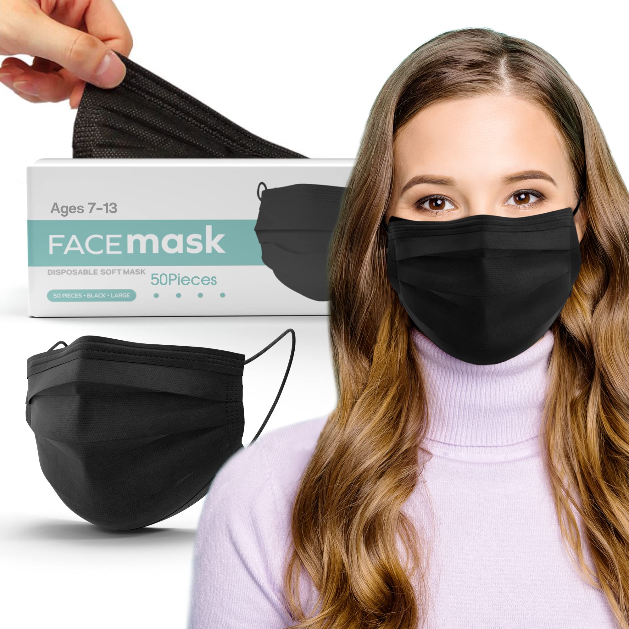 Photo 1 of AEI Disposable Face Mask Large 50 PCS - Breathable 3 Layer Protective Face Mask, Daily Use Indoor Outdoor, Dust Filter Masks Mouth Cover for Men and Women