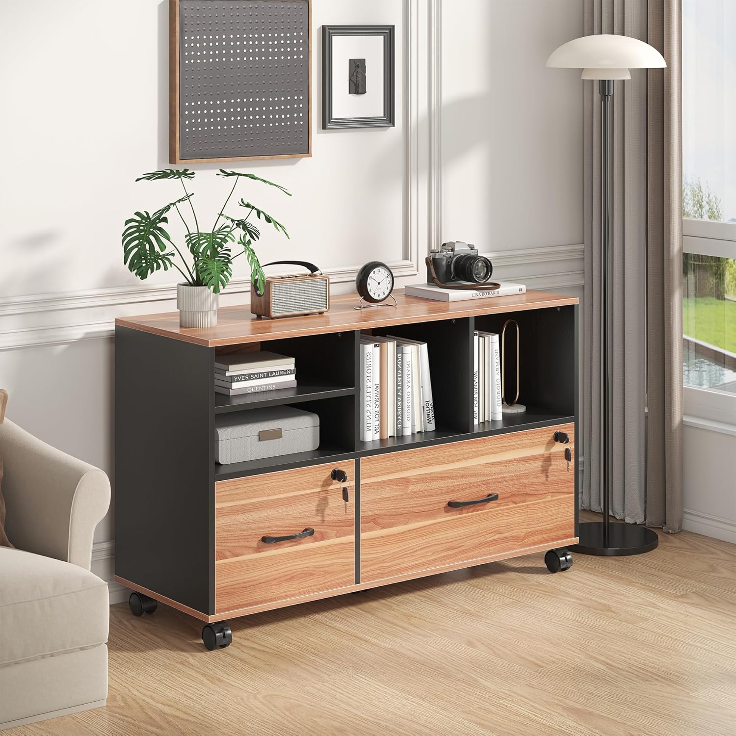 2 Drawer File Cabinet for Home Office, Lockable Rolling Filing Cabinet with Adjustable Shelves, Wood Lateral File Cabinet with Lock, Printer Stand Office Storage Cabinet, Rustic Brown & Black