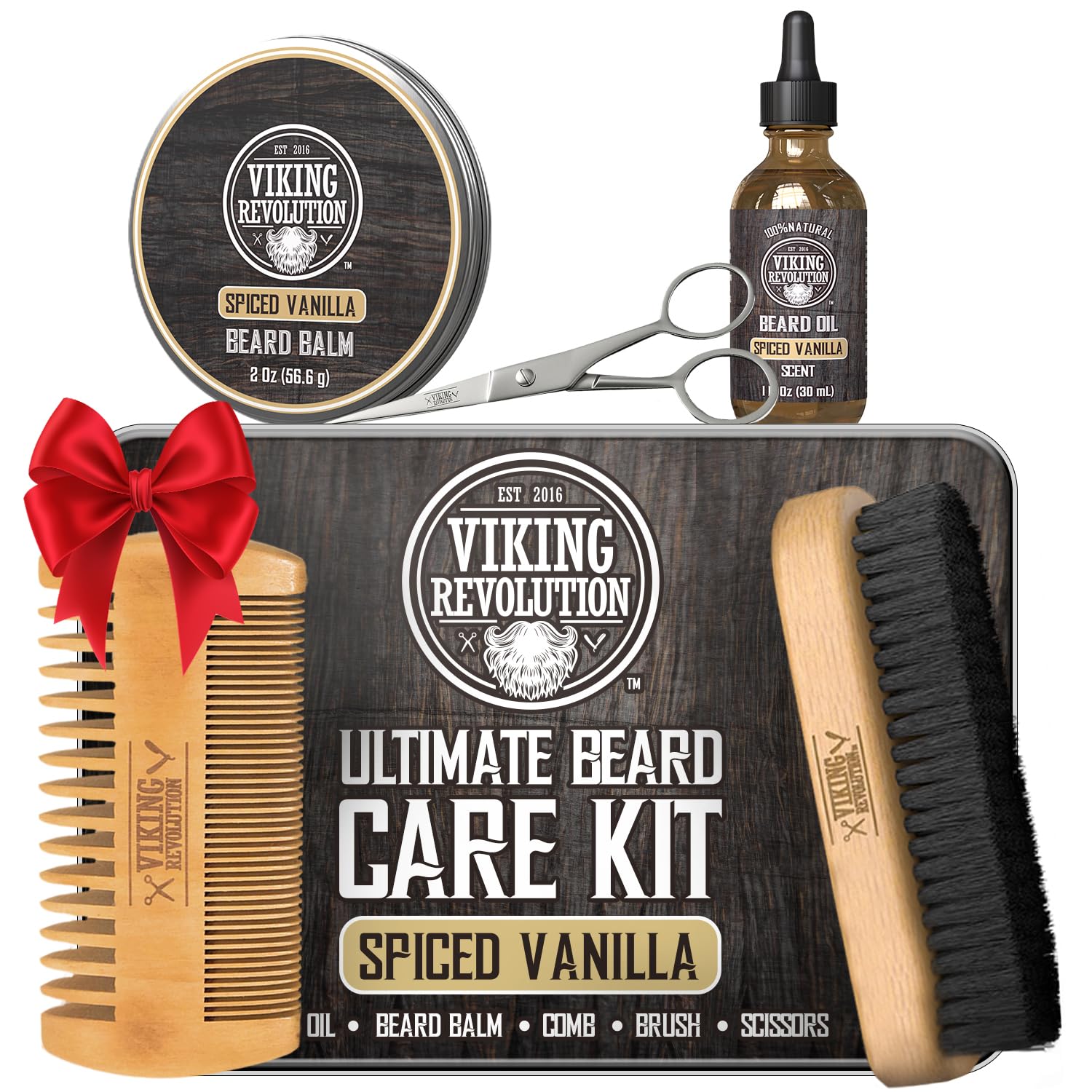 Viking Revolution - Ultimate Beard Kit Spiced Vanilla - Beard Grooming Kit for Men with Beard Brush, Beard Comb, Beard Balm, Beard Oil, Beard and Moustache Scissors - Husband Gifts for Men