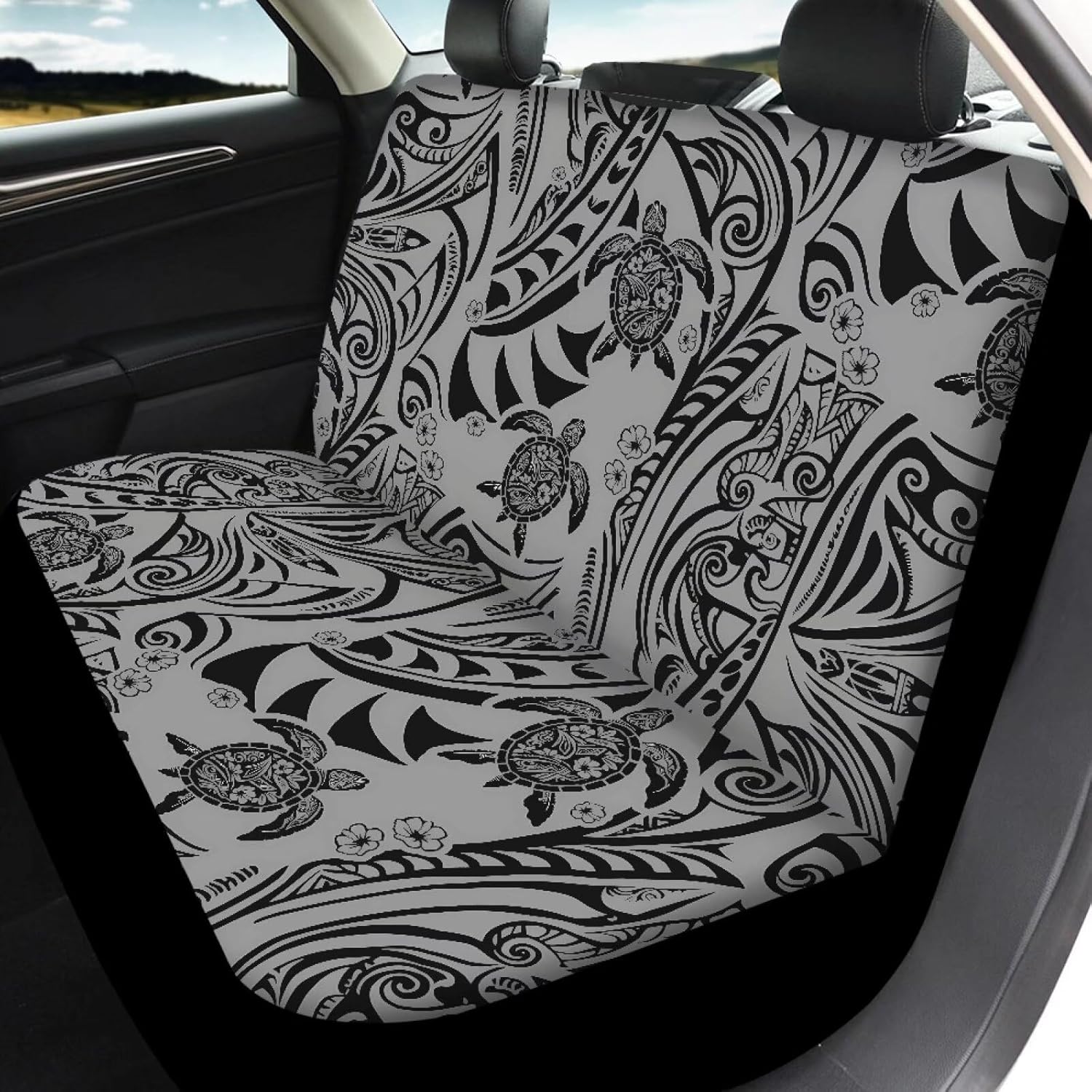 Tribal Sea Turtle Car Seat Covers, Hawaiian Tortoise Car Front Seat and Split Rear Seat Protector Cover, Ethnic Flower Island Wave Automotive Interior Accessories