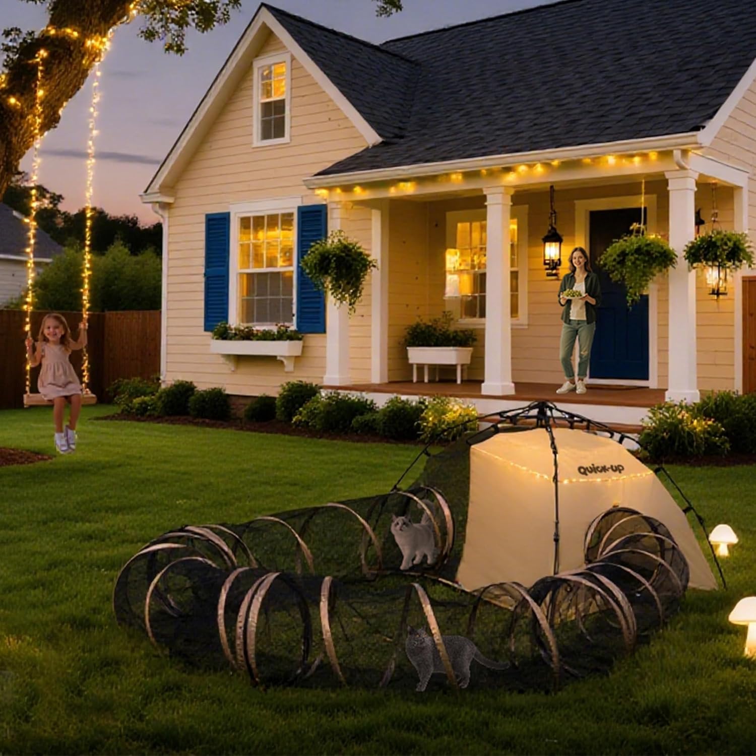 Portable Outdoor Cat Tent with Cozy Fish Mat, 2-Door Mesh Playpen, 2 Separate Spaces, Waterproof Scratch-Resistant Indoor Outdoor Enclosure, 3 Second Instant Setup catio for Camping Travel Patio