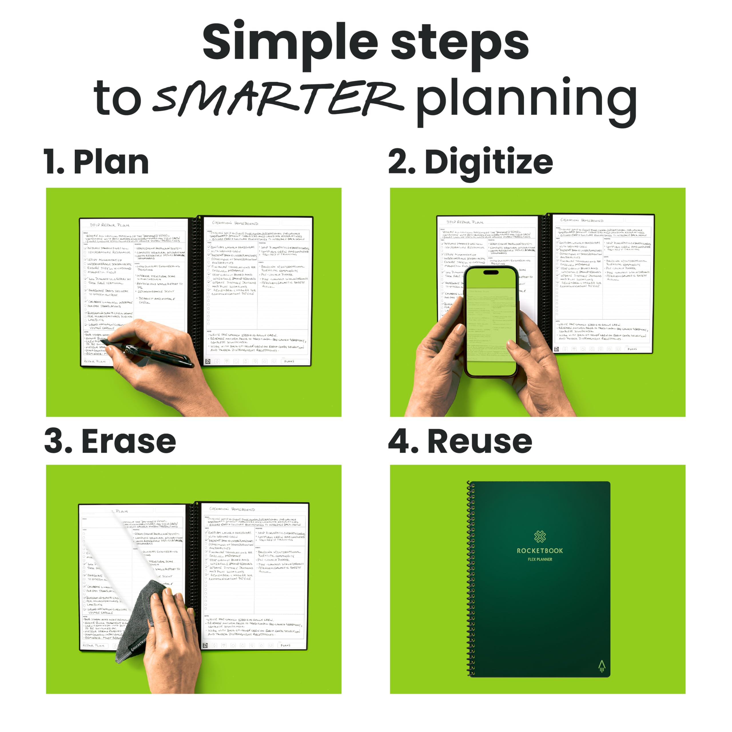 Rocketbook Flex Planner, riutilizzabile non datato intelligente, formato lettera 21,6 x 28 cm verde - Giornaliero, settimanale, mensile, calendario annuale, attività, obiettivi, pianificazione
