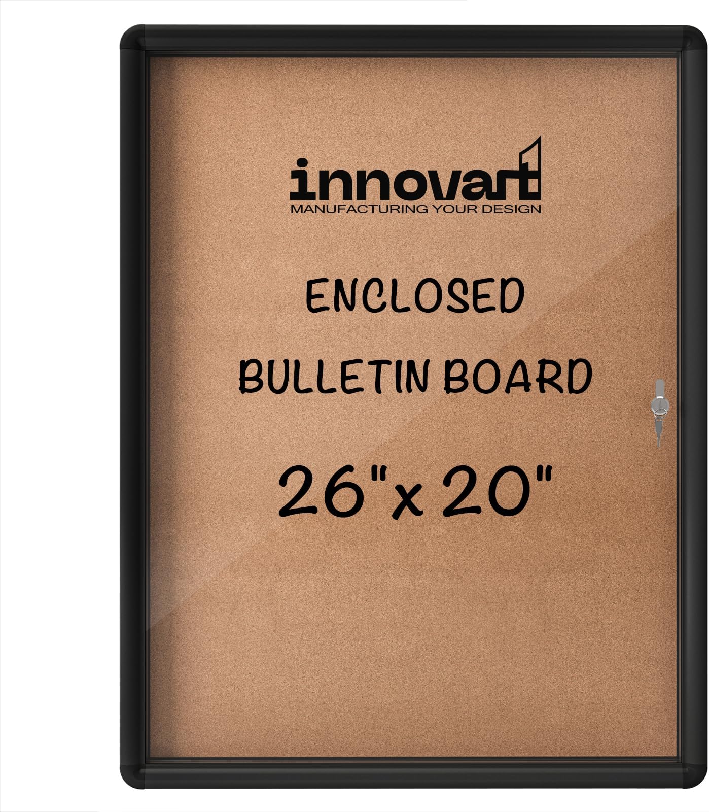INNOVART Enclosed Bulletin Board 26”x20”, Weatherproof Bulletin Board Cork Noticeboard w/Black Aluminum Frame, Outdoor Wall Display Case w/Swing-Open Door, Information Cabinet for School, Office