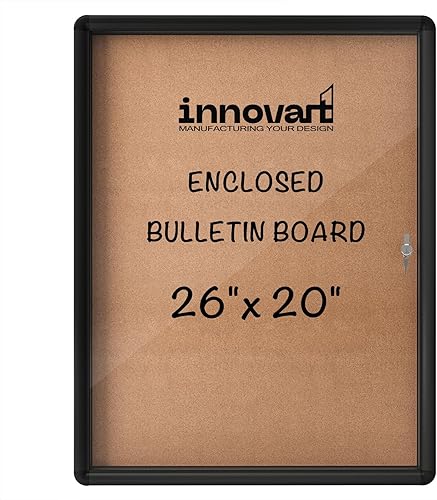INNOVART Tablero de anuncios cerrado de 26 x 20 pulgadas, resistente a la intemperie, tablero de anuncios de corcho con marco de aluminio negro,