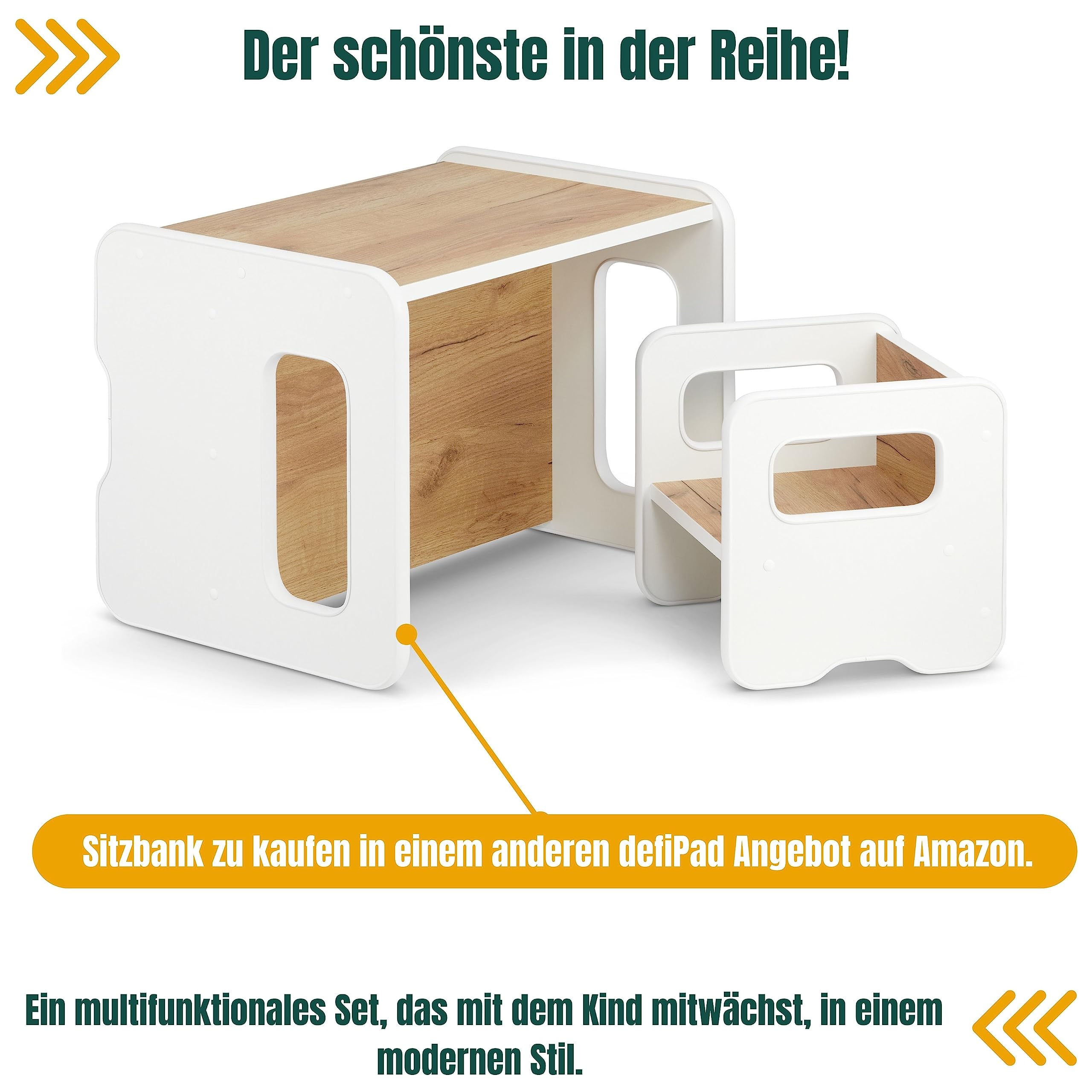 defiPad Sitzhocker für Kinder | Stylisch Wendehocker | Kindersessel ab 1 Jahr | Babystuhl Hocker Holz | Der Stuhl kann in einen Tisch verwandelt Werden | Montessori Kinderzimmer |